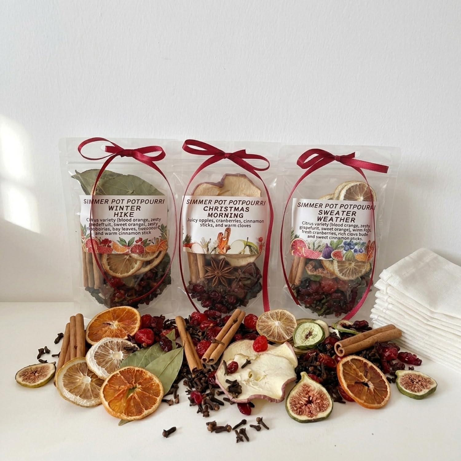 Simmer Pot Potpourri Kit – Confezione da 3 pentole naturali con fette di arancia essiccata, fette di mela, chiodi di garofano interi e bastoncini di cannella, fragranza autunnale e invernale per la