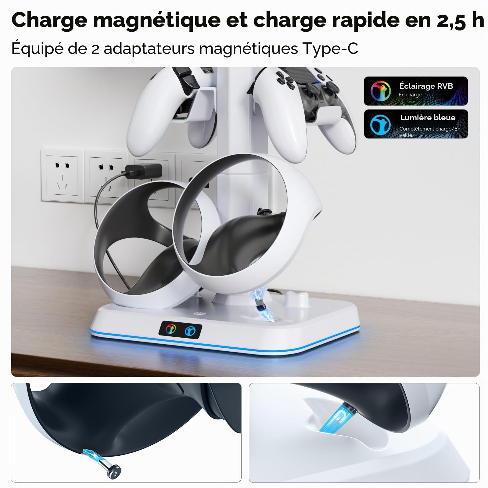 Kosker Support de Charge Multifonctionnel pour PS VR2 avec Rangement Étagère, Station de Charge Rapide Magnétique pour Manettes PlayStation VR, Accessoires pour Casque VR et Manettes