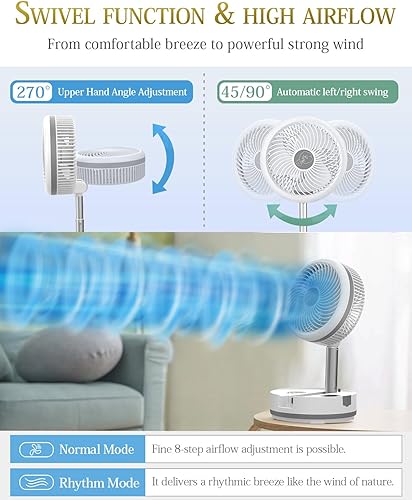 Miniatura 4 de Ventilador portátil de 10 pulgadas, funciona con pilas, ventilador recargable oscilante con 40000 mAh, luces LED de control remoto, tiempo