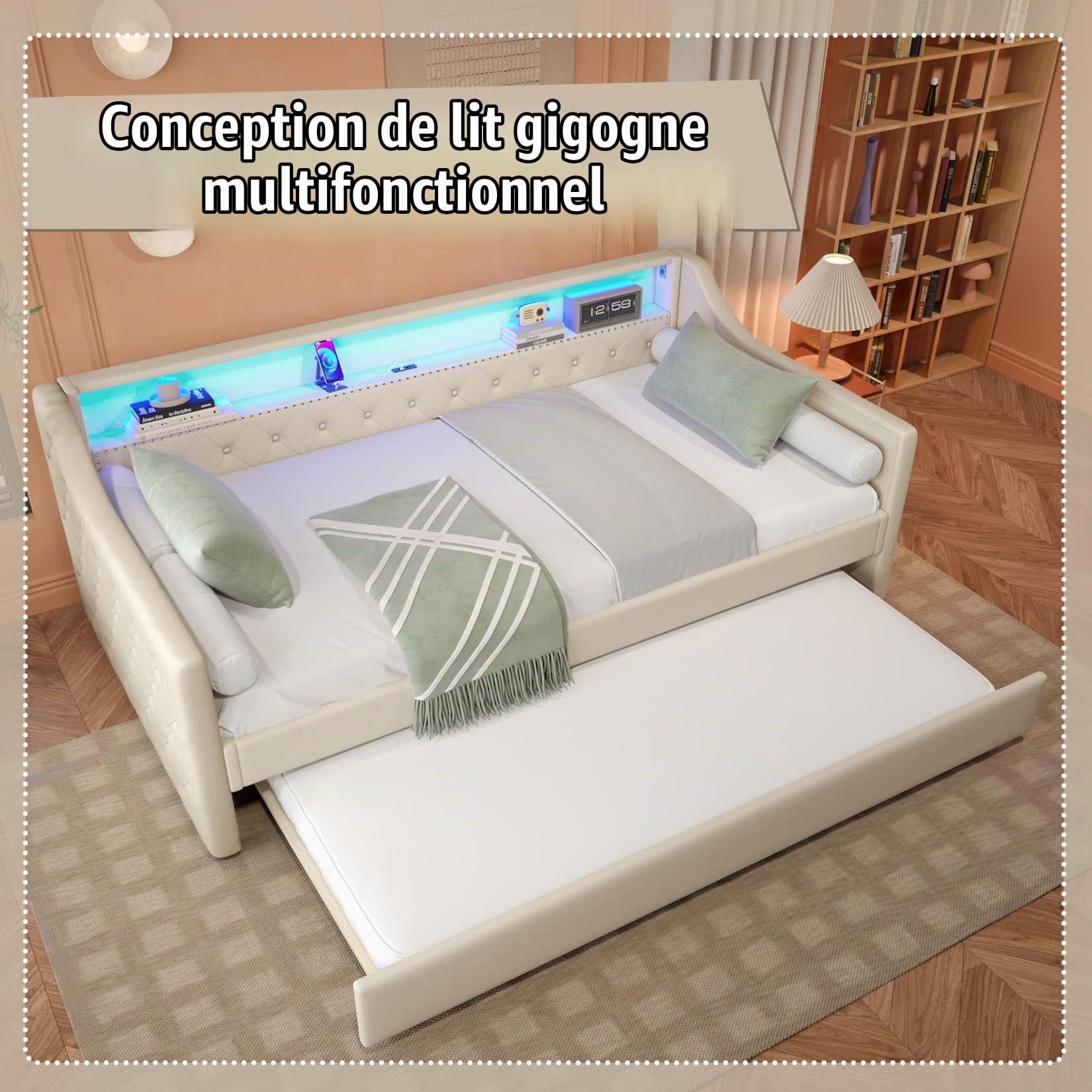 EURHCIO Canape Lit Une Place 90x200cm avec lit Gigogne 90x190cm,Cadre de Lit 1 Personne avec Lampe LED Réglable,Ports USB,Sommier à Lattes Robuste,pour Enfants Ados Adulte(F-Gris)