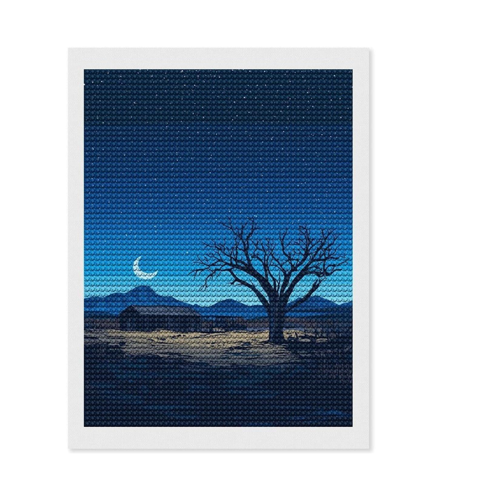 Junmoney Pixel Art Night Landscape with Abandoned House Diamond Art Canvas 12"x16", Relaxing DIY Hobby, Enjoyable At-Home Hobby, Farmhouse Decor, Gift Idea, Easy to Enjoy