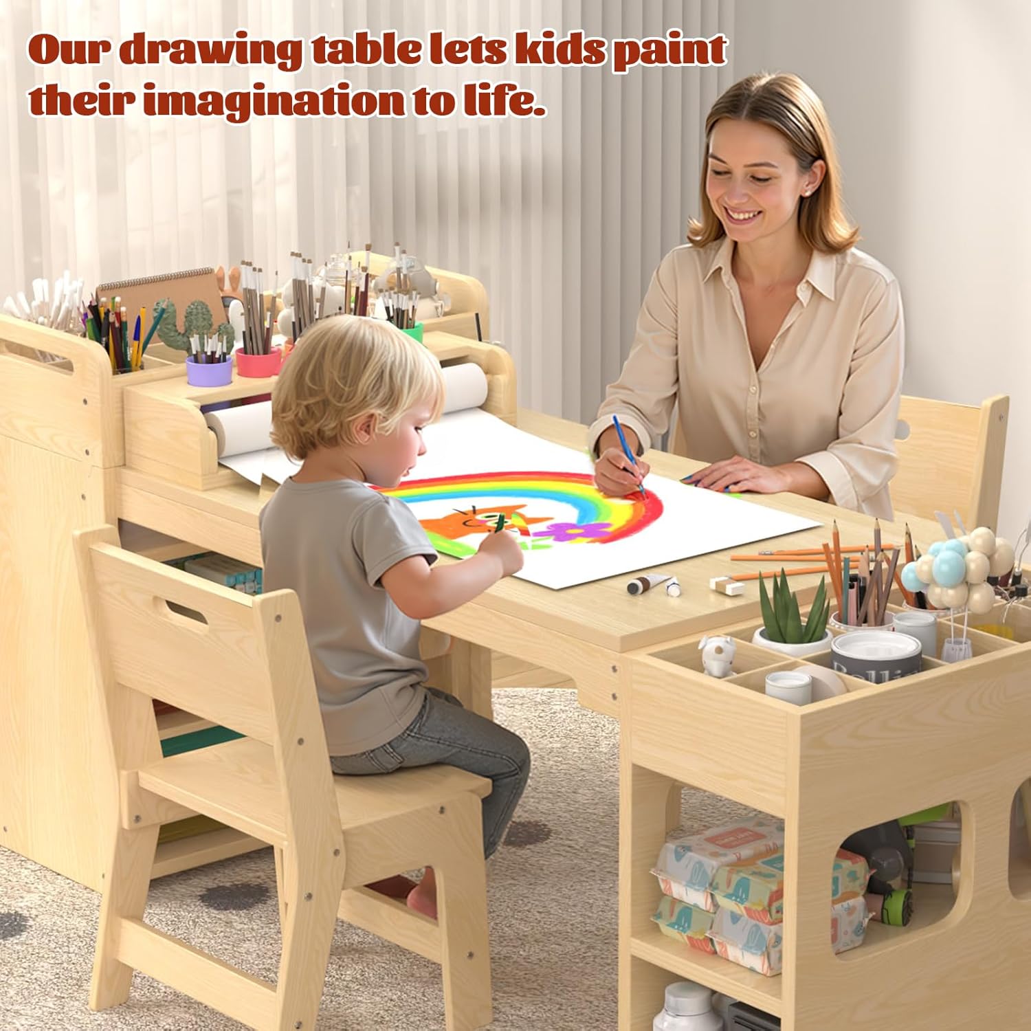 50?lx24?w kids art & craft table and 2 chairs set, portable supply organizer and paper roll rack, art desk and craft table for kids,toddler activity and coloring tables with storage(oak)