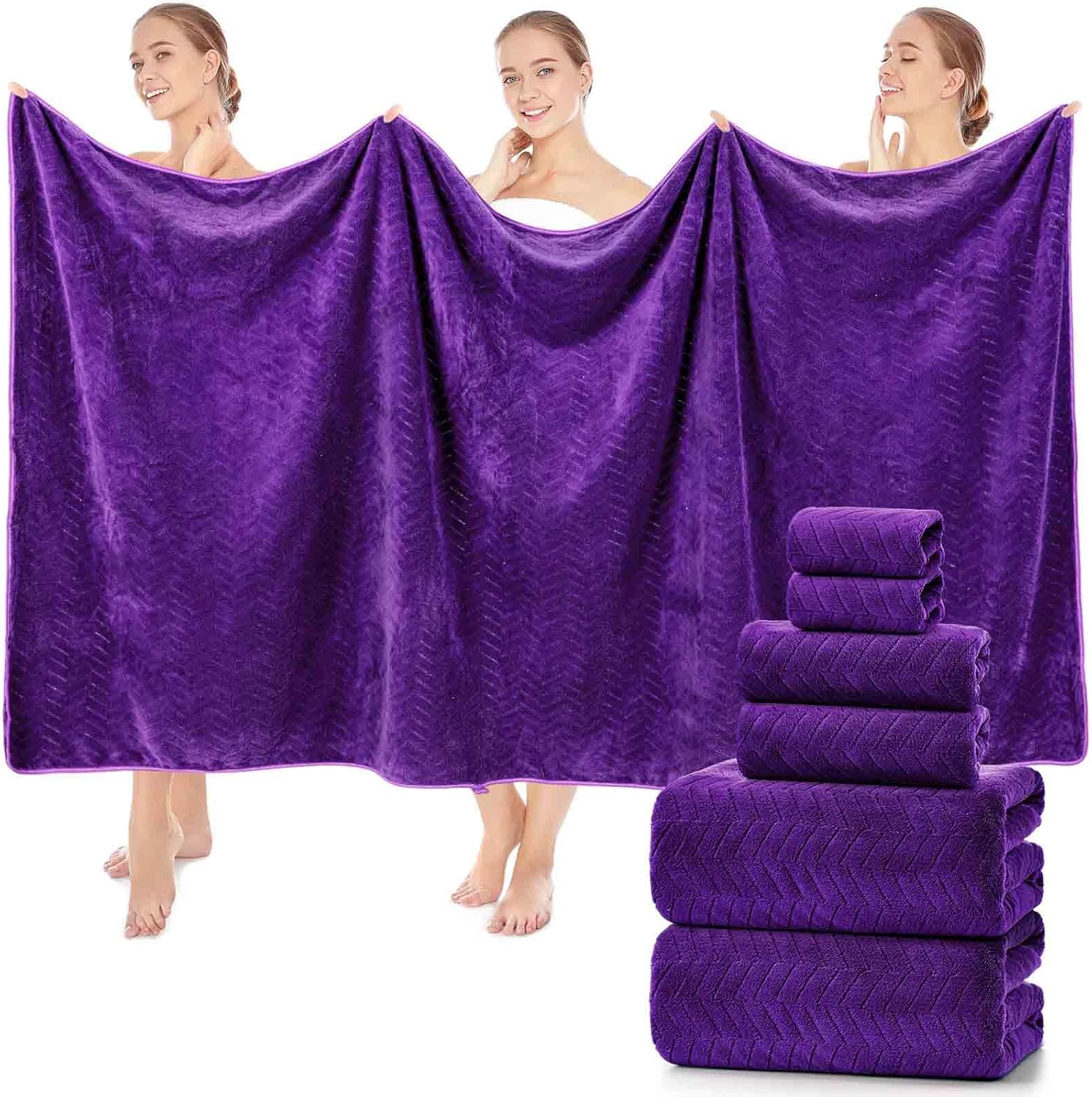 SmoothNovelty Set of 6 Extra Large Bath Towel 40 x 80 Inches Oversized Bath Sheet with 2 Shower Towels 2 Hand Towels 2 Washcloths for Adults Bathroom Spa Gym Quick Dry(Chevron Design,Purple)