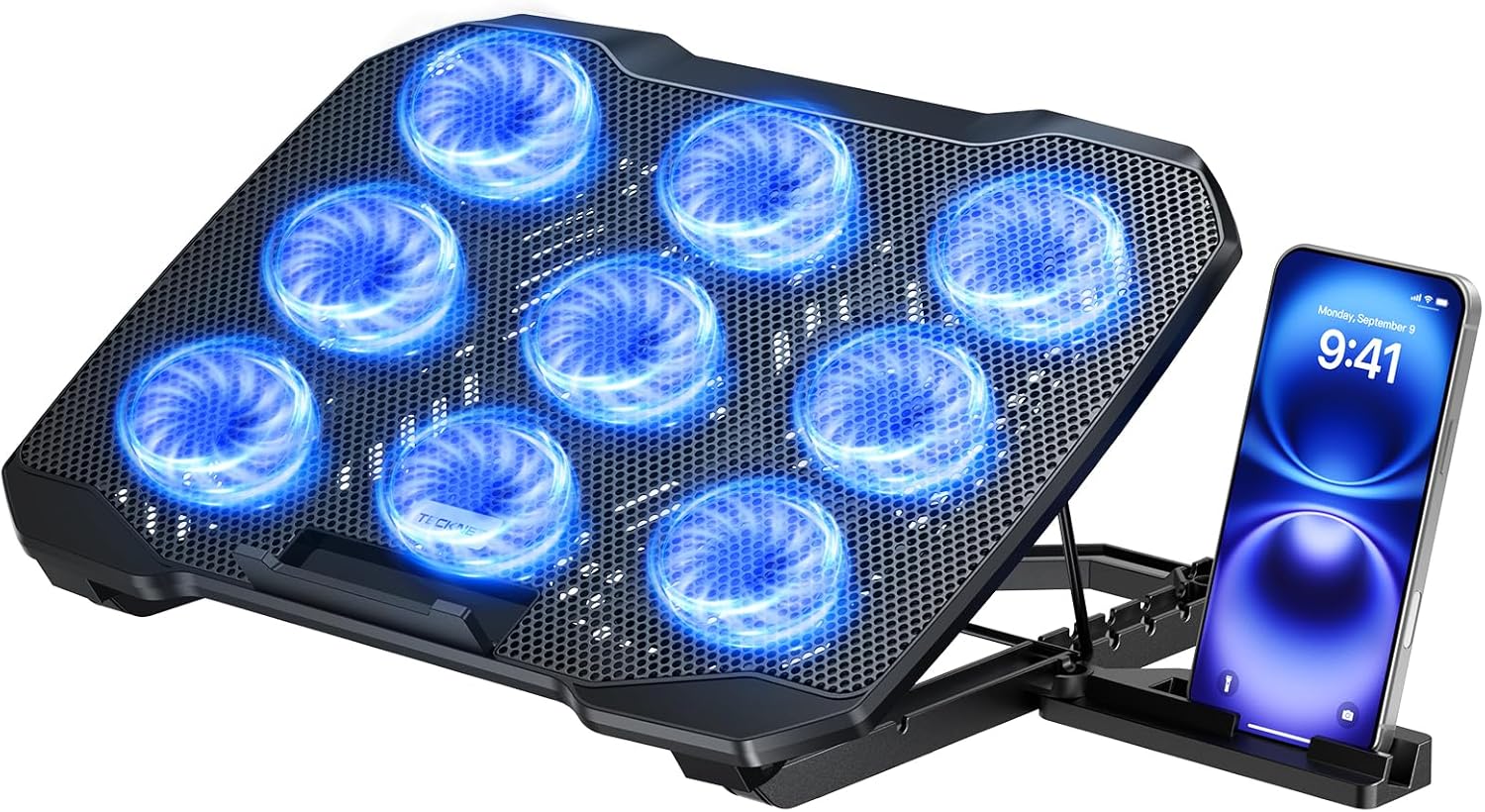 TECKNET Laptop Cooling Pad with Phone Stand, 9 Quiet Fans with LED Lights, 5 Height Adjustable & 2 USB Ports, Stepless Speed Control to 2600 RPM Laptop Cooler, Laptop Cooling Stand for 12-17.3 Inch