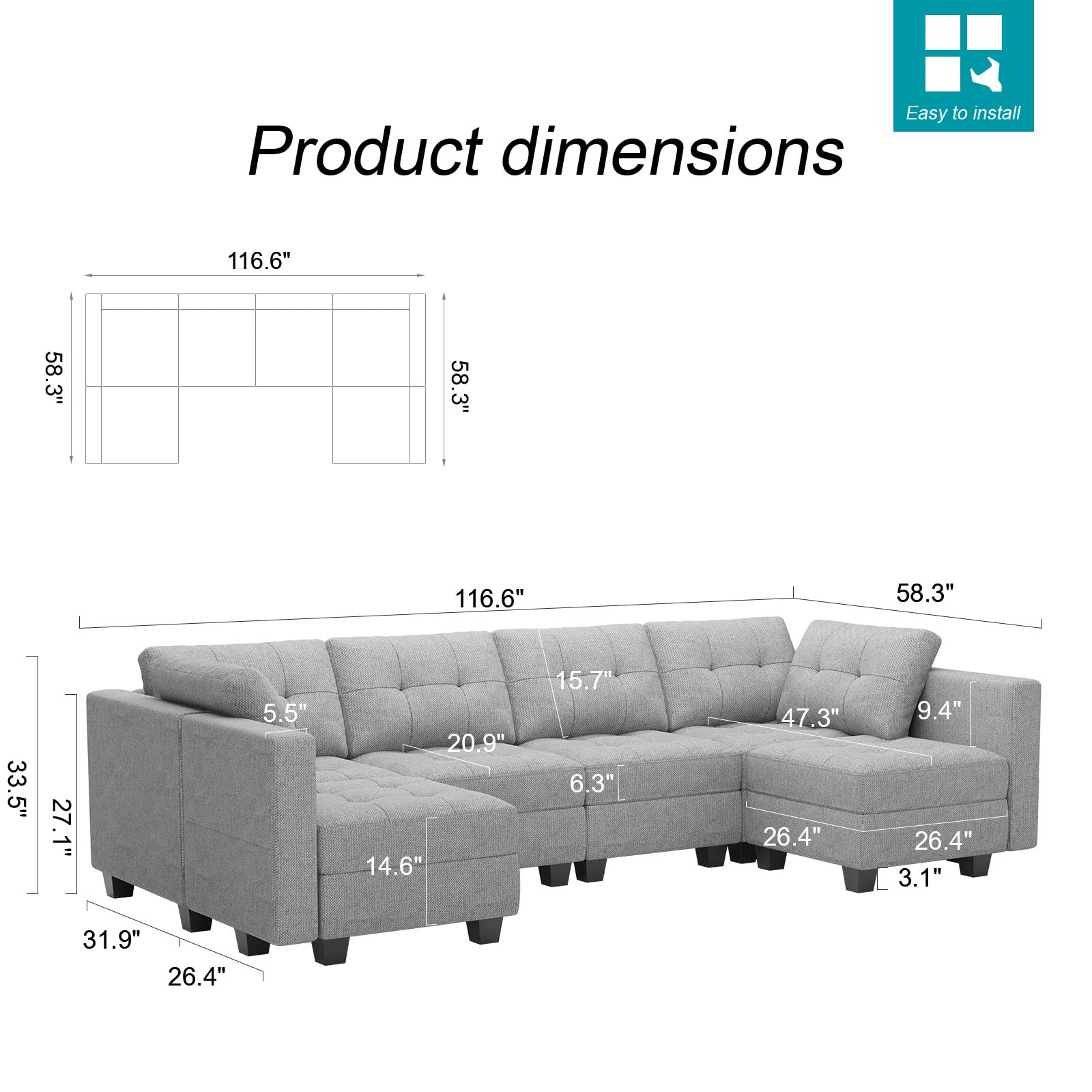 Belffin Modular U Shaped Sectional Sofa Couch with Reversible Chaises 6 ...