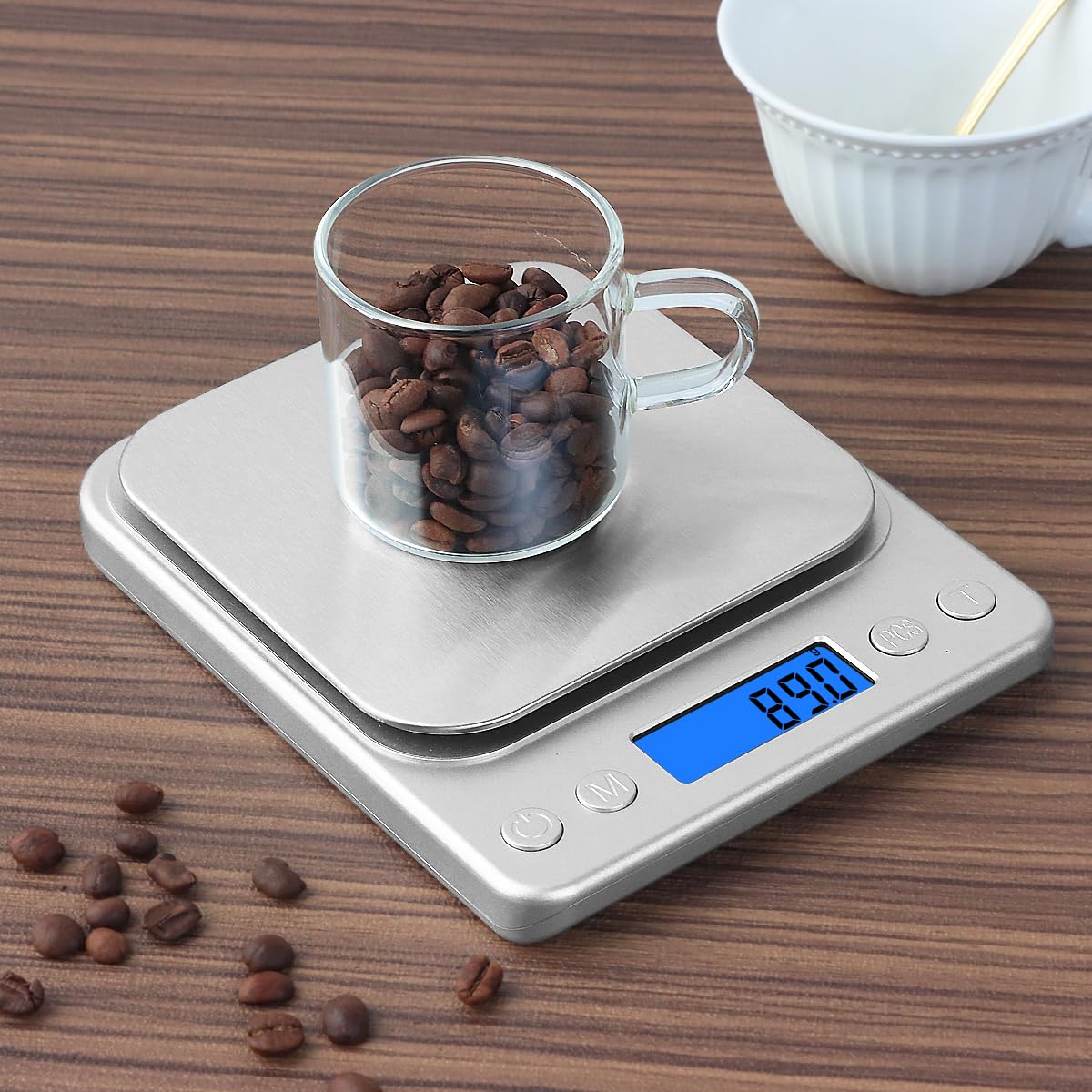 JOEAA Bilancia per alimenti digitale peso 3000g/0,1g Grammi e Once, Bilancia da cucina per cottura con display LCD retroilluminato, tara, 9 unità, spegnimento automatico, 2 vassoi, batterie incluse