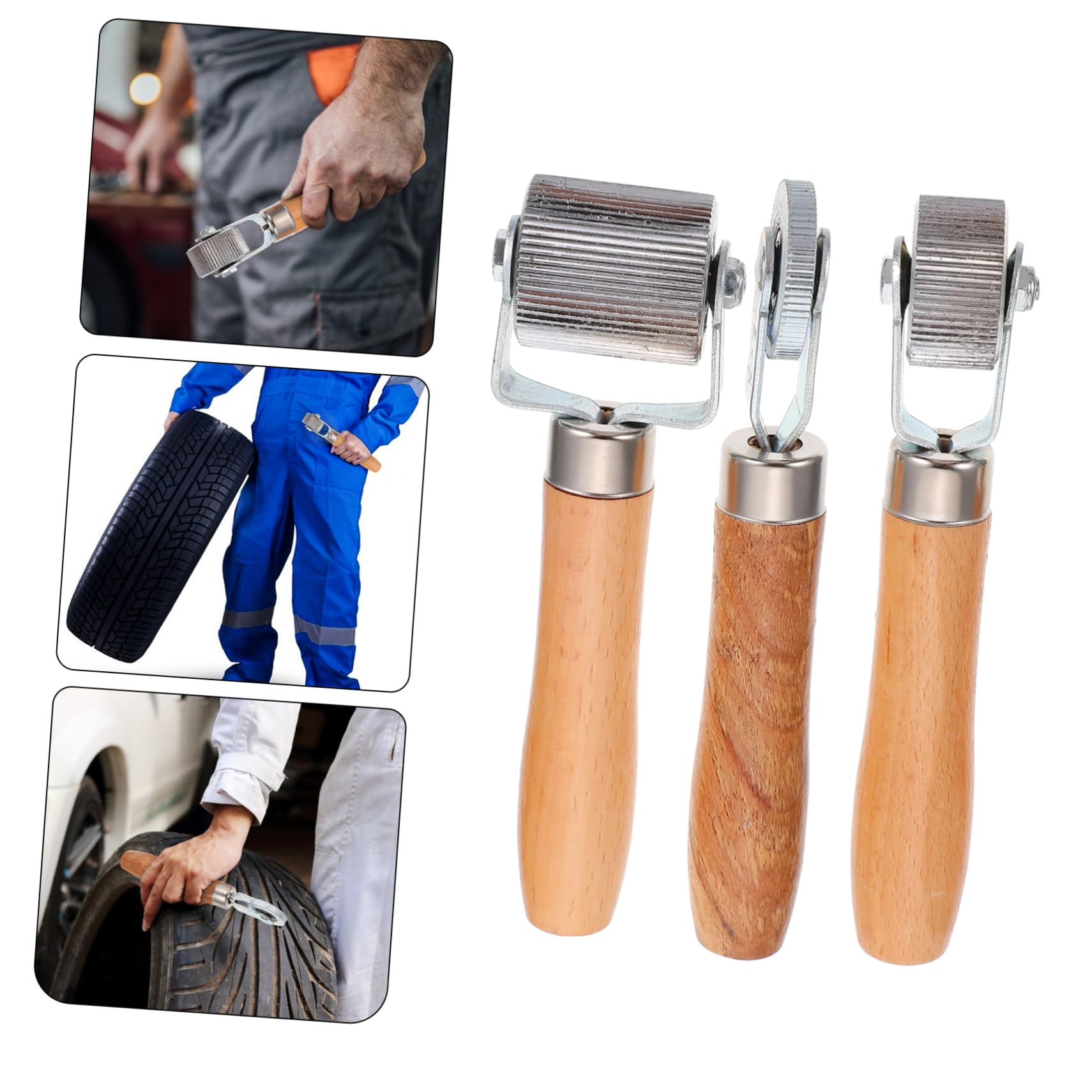 PRETYZOOM Kit de Réparation Pneus Voiture en Matériau Synthétique 3 Pièces Rouleaux à Manche en Bois, Roue de Pressage Portable pour Réparation
