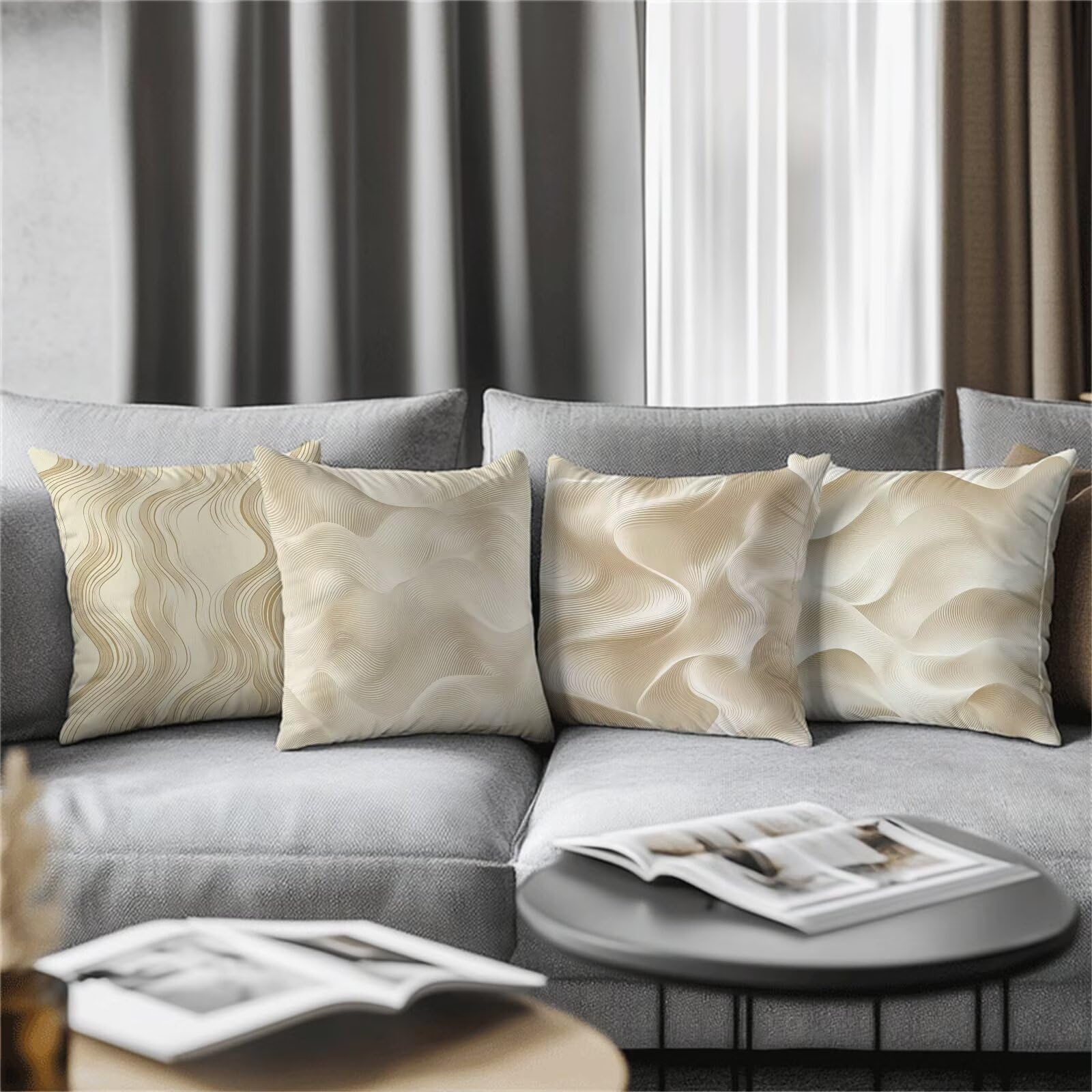 Raya Funda Cojin 65x65 Cojines Sofa Beige Cojines Cama Juego de 4 Cuadrado Lino Pillow Doble Cara Impresión Cushion Covers con Cremallera Invisible para Exterior Garden Chair Decor, Regalo Mujer S-905