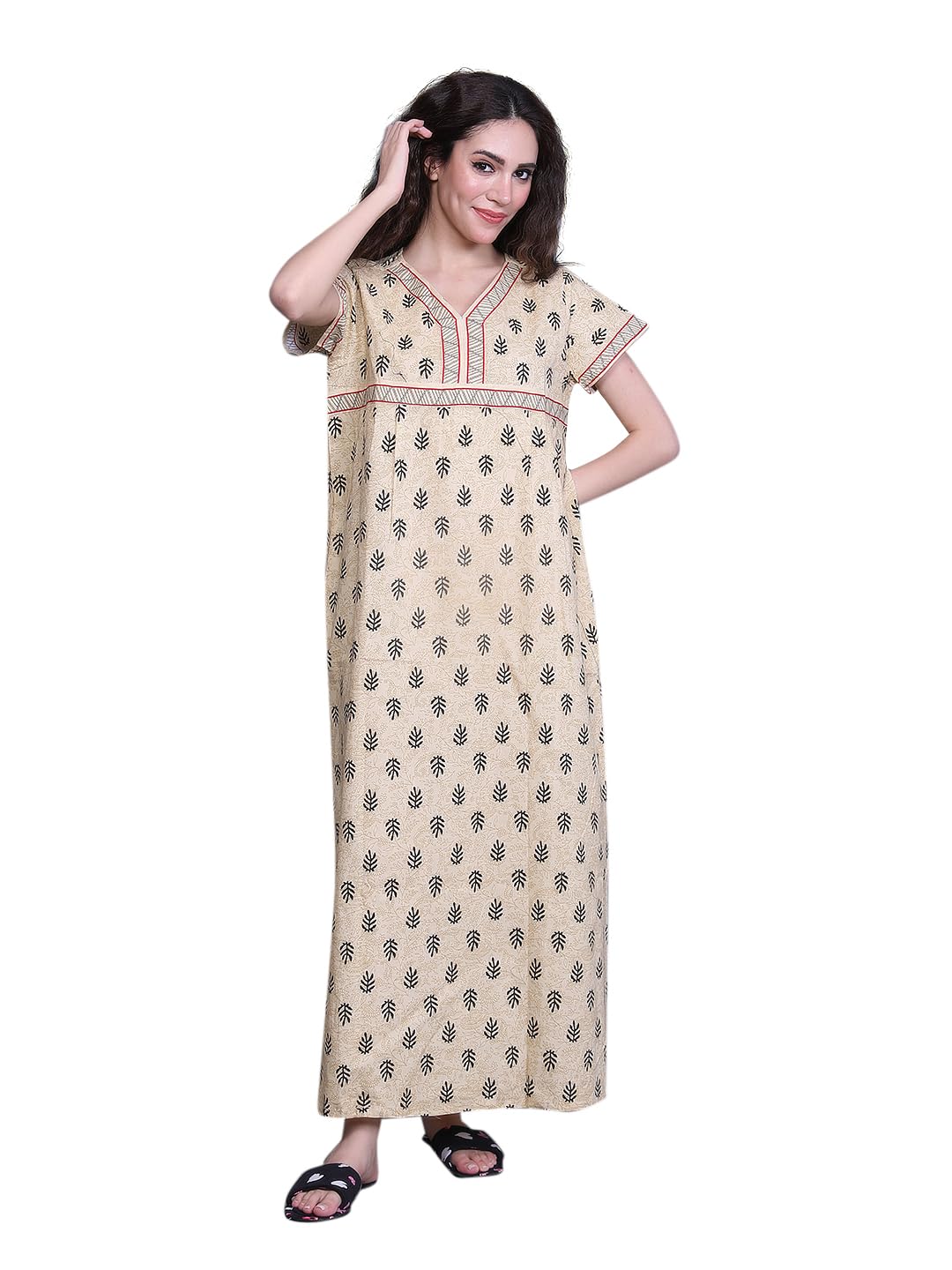 evolove Cotton Nighty Maxi for Women with Side Pocket | Round Neck Printed Short Sleeves Full Length Night Wear Gown-picture-45