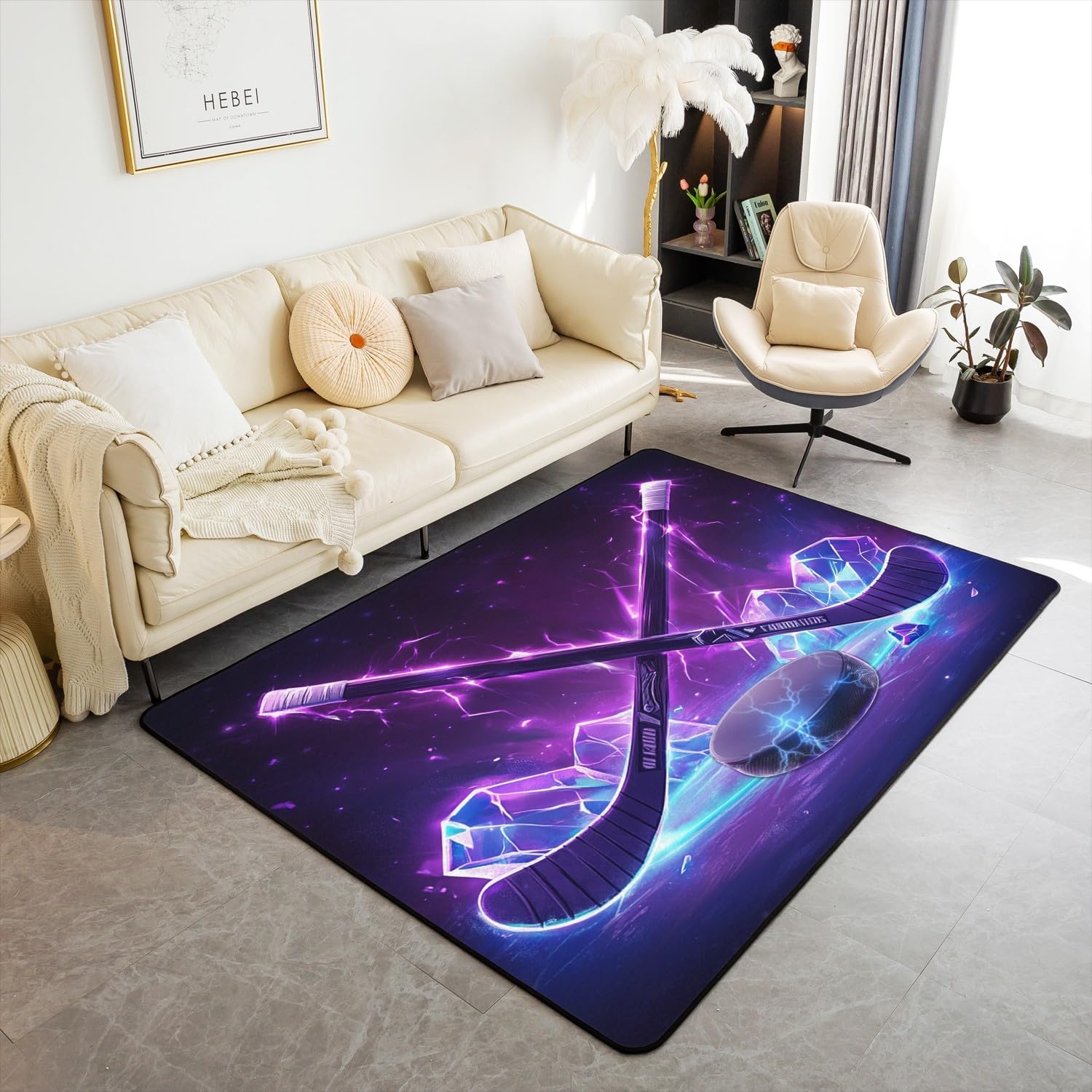 Erosebridal 4'11" x 3'3" Ice Hockey Area Rug,Neon Hockey Bedroom Rug for Kids Boys Girls,Purple Flame Hockey Living Room Rug,Winter Sports Indoor Floor Mat Non Slip