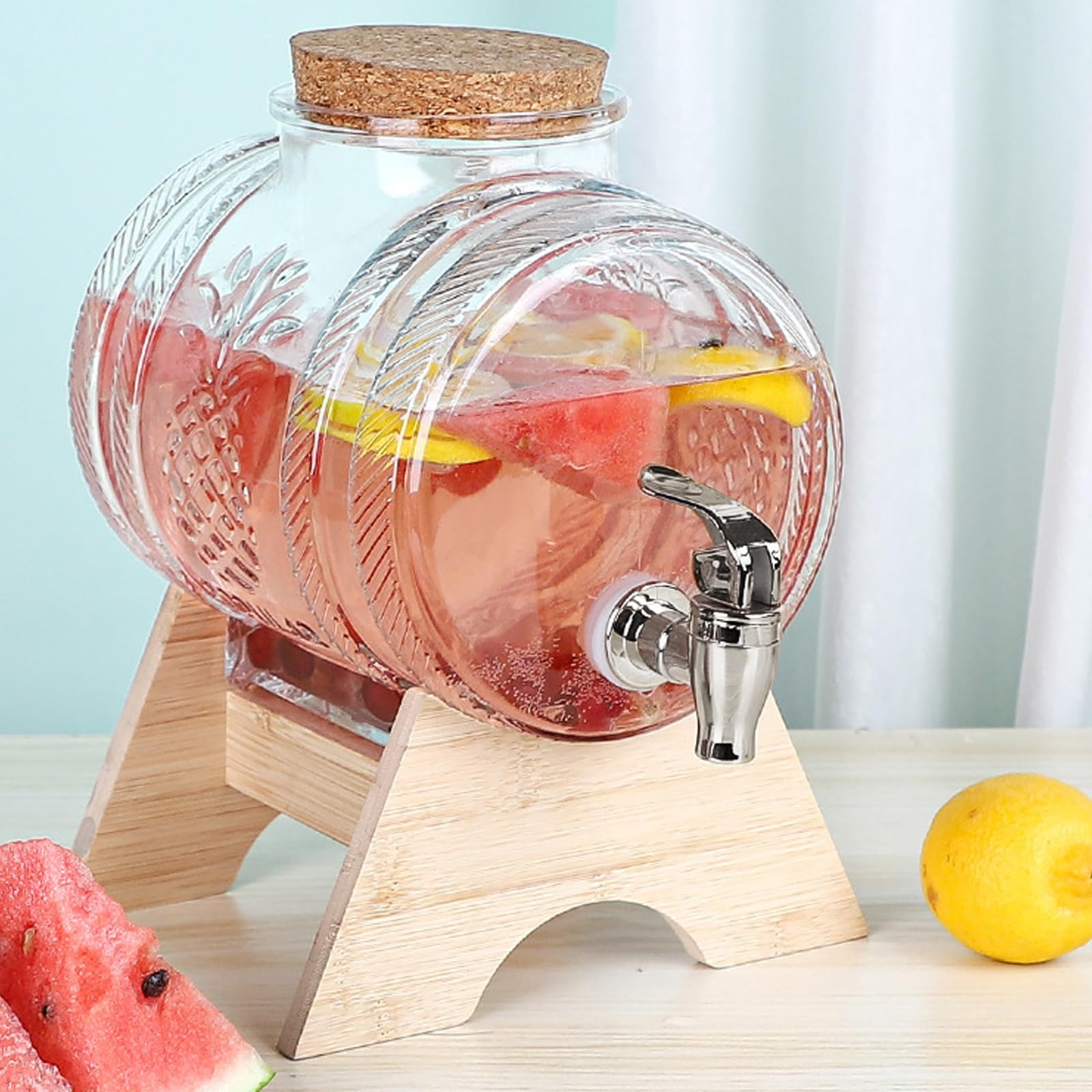 Carafe à whisky, distributeur de boisson en forme de tonneau, décanteur avec robinet, idéal pour vin, whisky, bière, rhum, cadeau pour ami, mari, père (3 L, fût en verre)