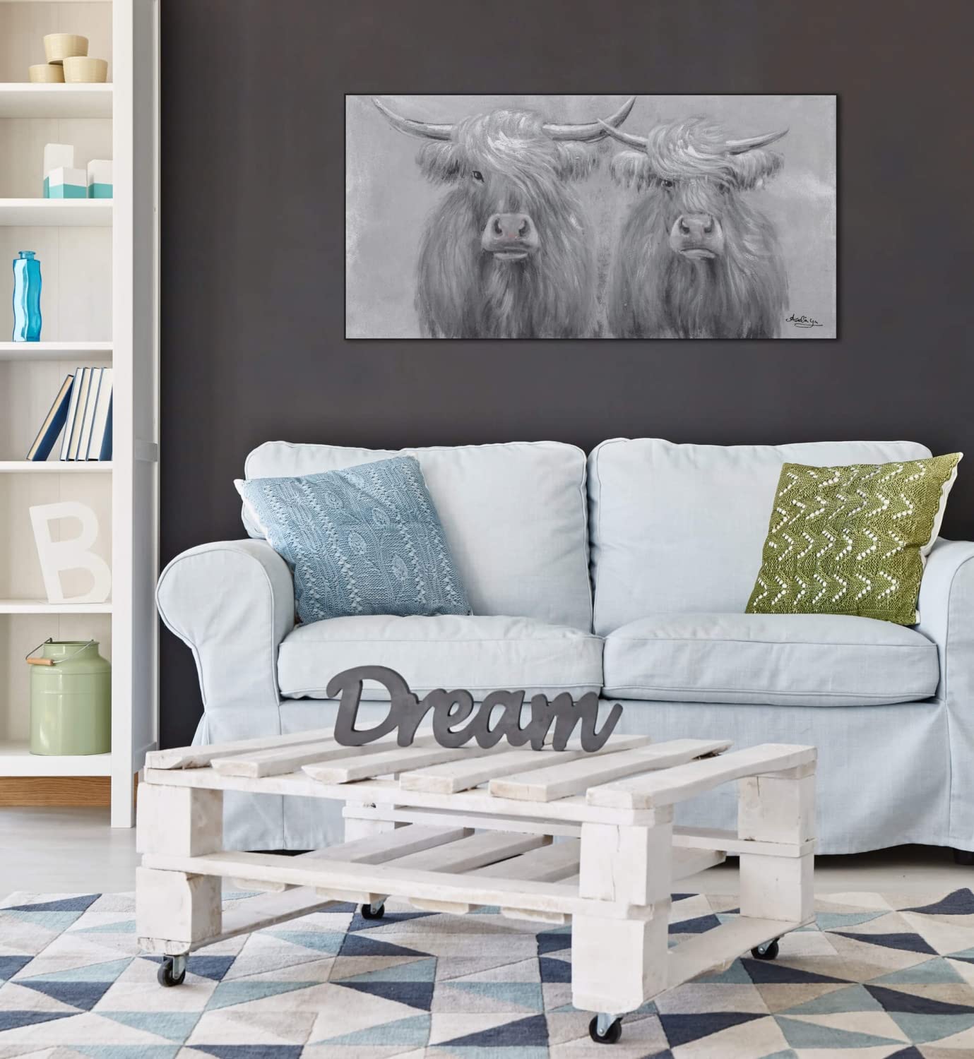 Kunstloft Cuadro Decorativo Pintado A Mano 120x60cm - 'Cotilleos Animales' Vaca Multicolor