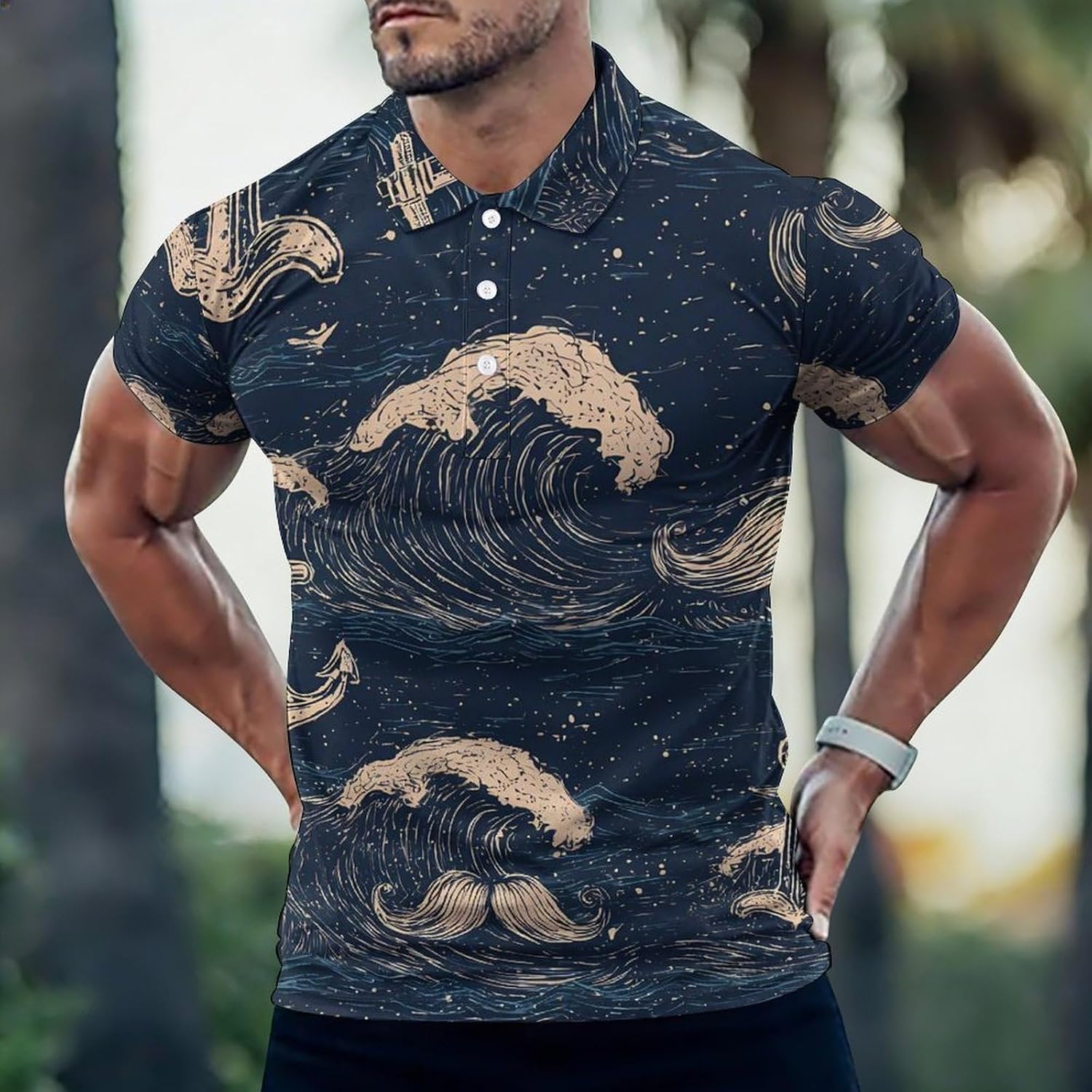 Mustaches Anchors Waves Vintage Men's Polo Golf Shirts Collared T-Shirt | short sleeve,three button,quick dry,machine washable,summer tee top