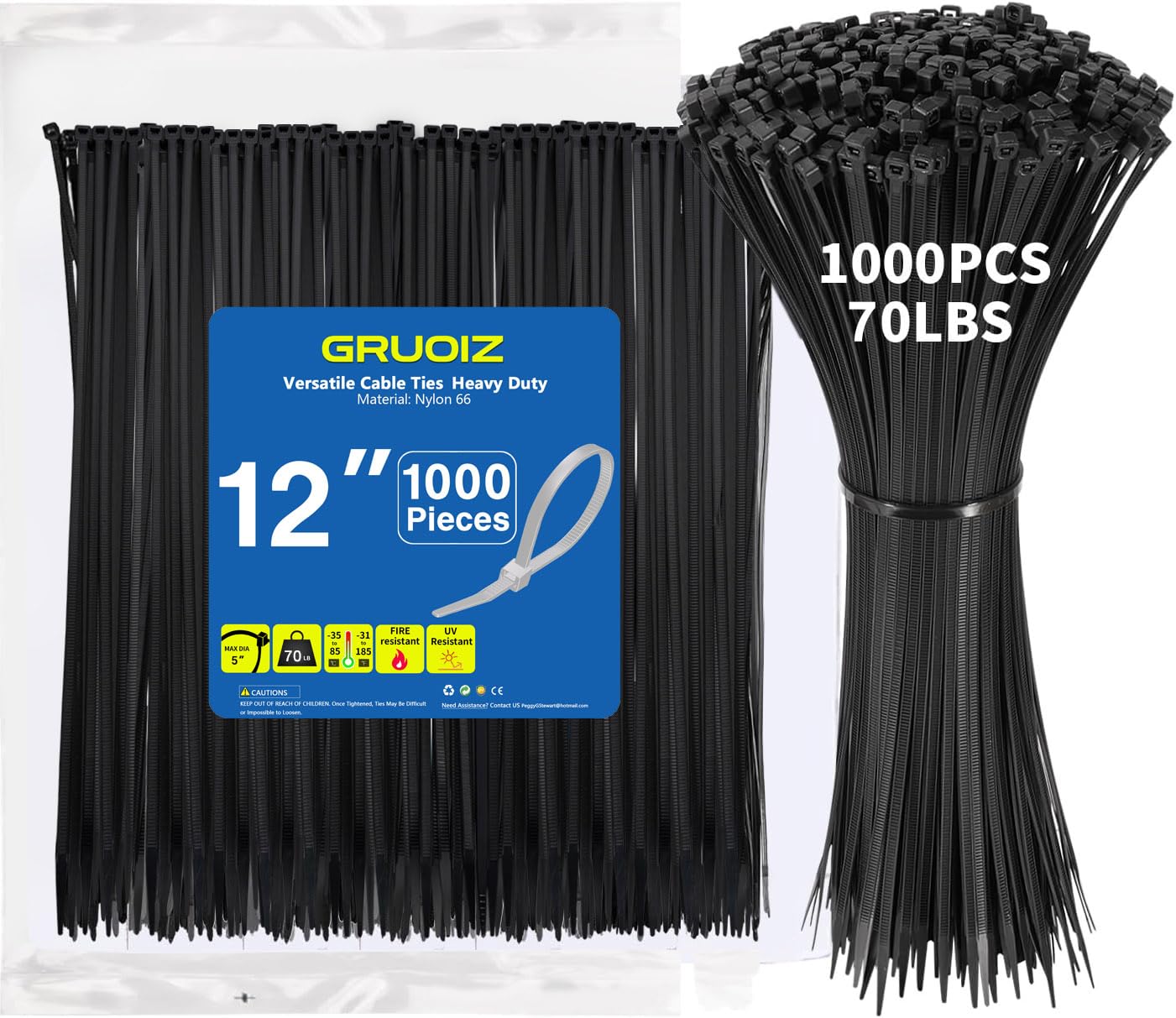 1000 Pack Zip Ties 12 Inch Long Cable Ties Heavy Duty 70 Pounds Tensile Strength, Premium Plastic Wire Ties Straps Self-Locking Black Nylon Ties Wraps for Indoor and Outdoor
