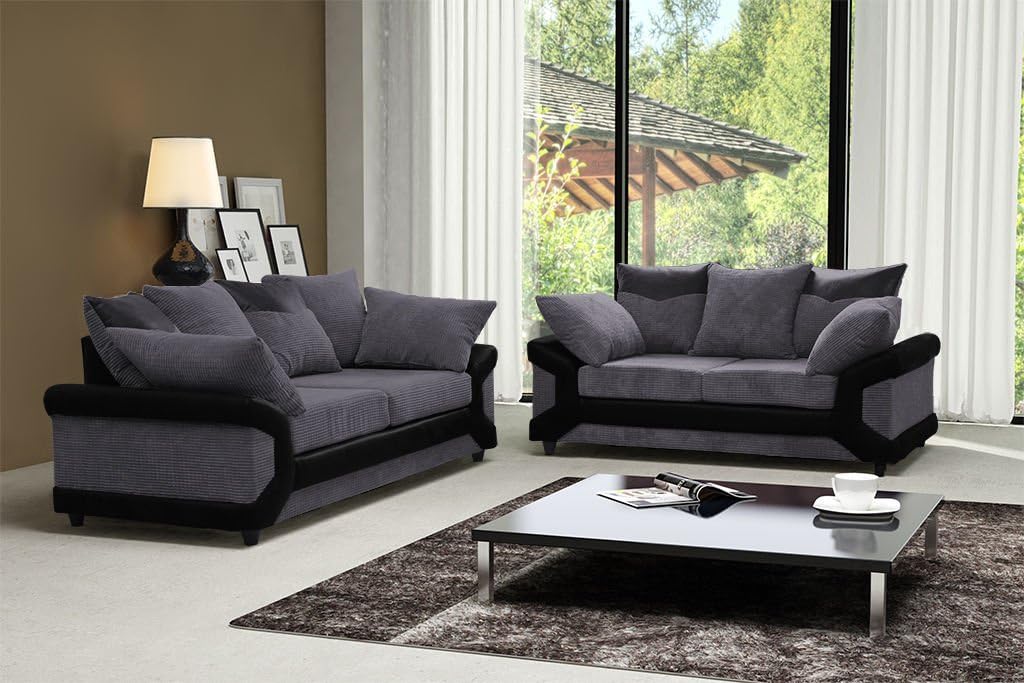Dino Black & Grey Fabric Jumbo Cord Sofa Settee Couch 3+2 Seater SUPERB VALUE