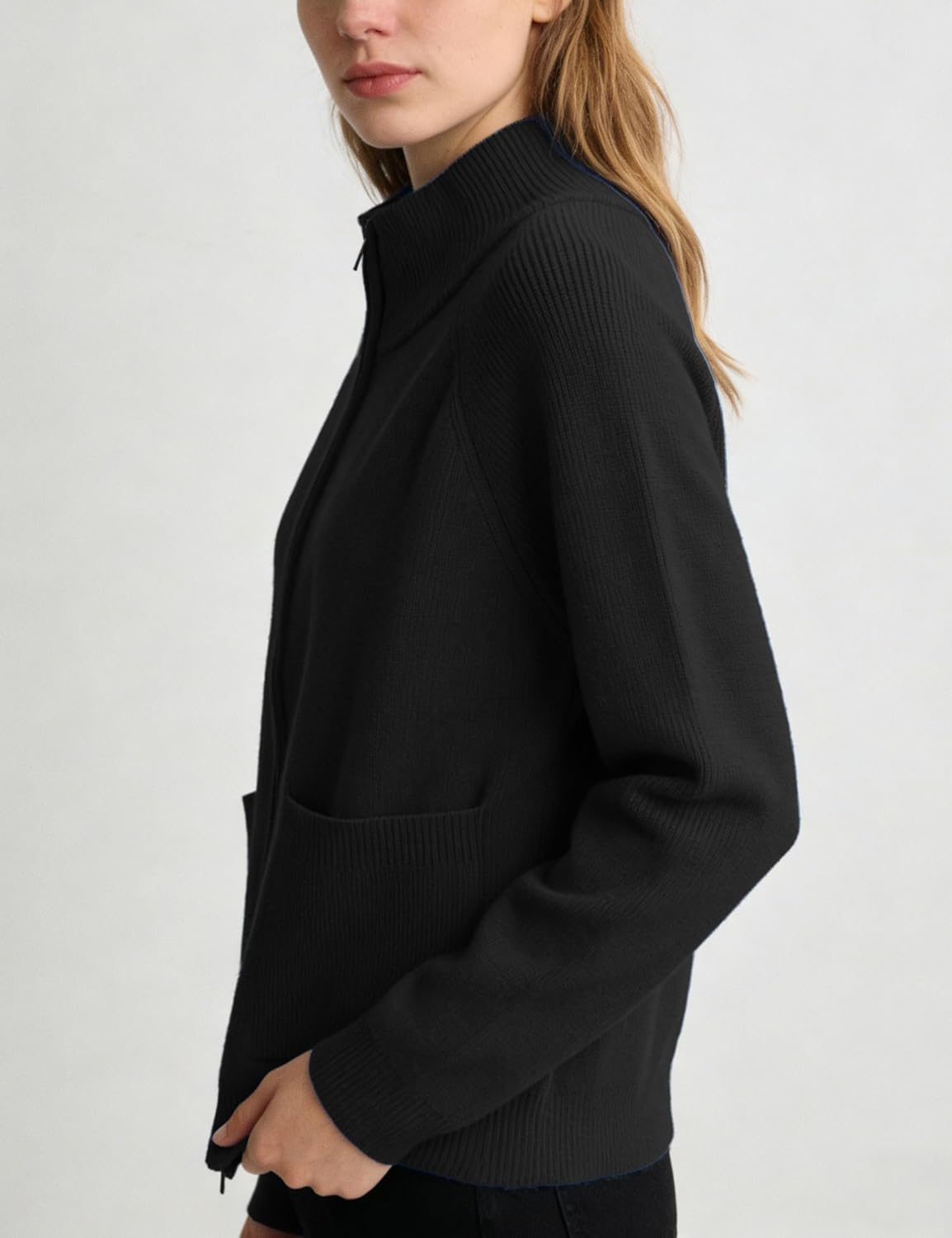 Womens Ribbed Zipper Cardigan Sweater Casual High Neck Long Sleeve Knit Jackets Tops Outwear Coat with Pockets - Image 2