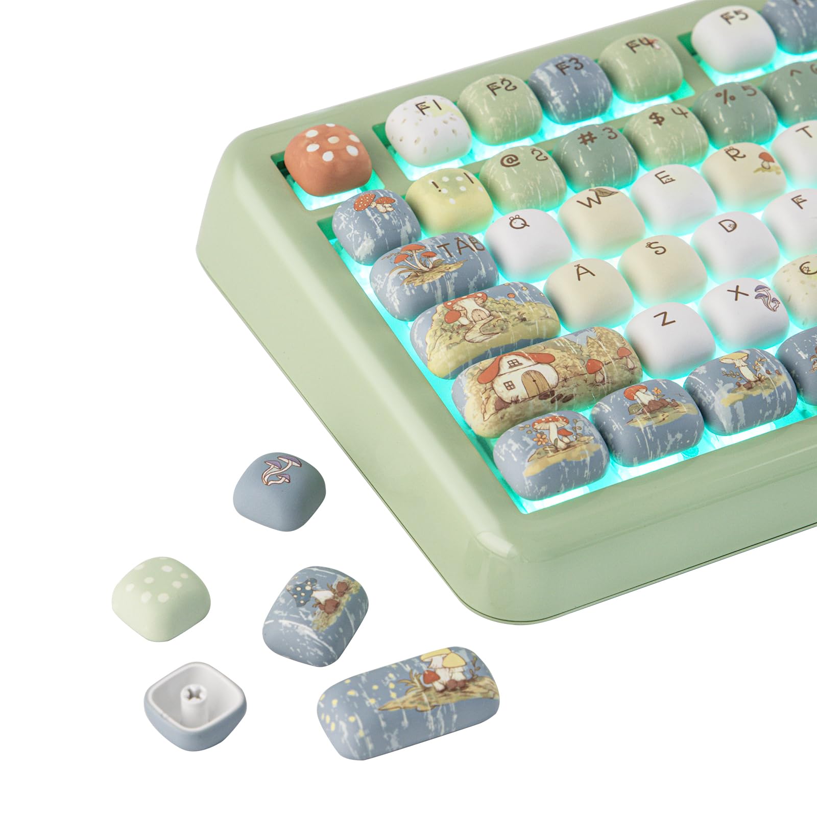 KiiBoom Little Shroom Pack - Set di copritasti, profilo MOG, 5 tasti, PBT stampato, 140 tasti, compatibile con Alice, 60%, 65%, 75%, TKL, 96%, formato standard, layout ANSI (pioggia)