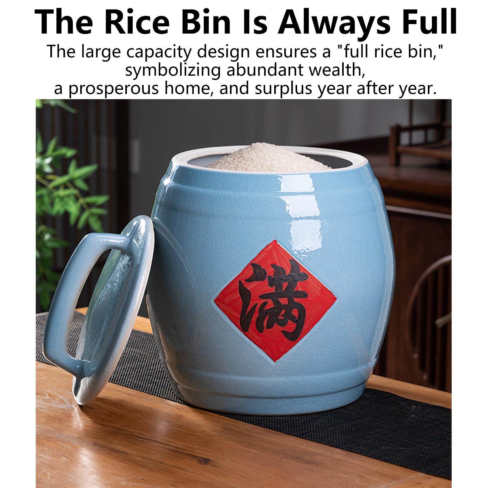 Secchio per Riso in Ceramica con Coperchio,Riso Sigillato di Capacità per Uso Domestico,Contenitore per Cereali e Riso,Design a Bocca Larga,per Farina Zucchero Cereali(15kg)