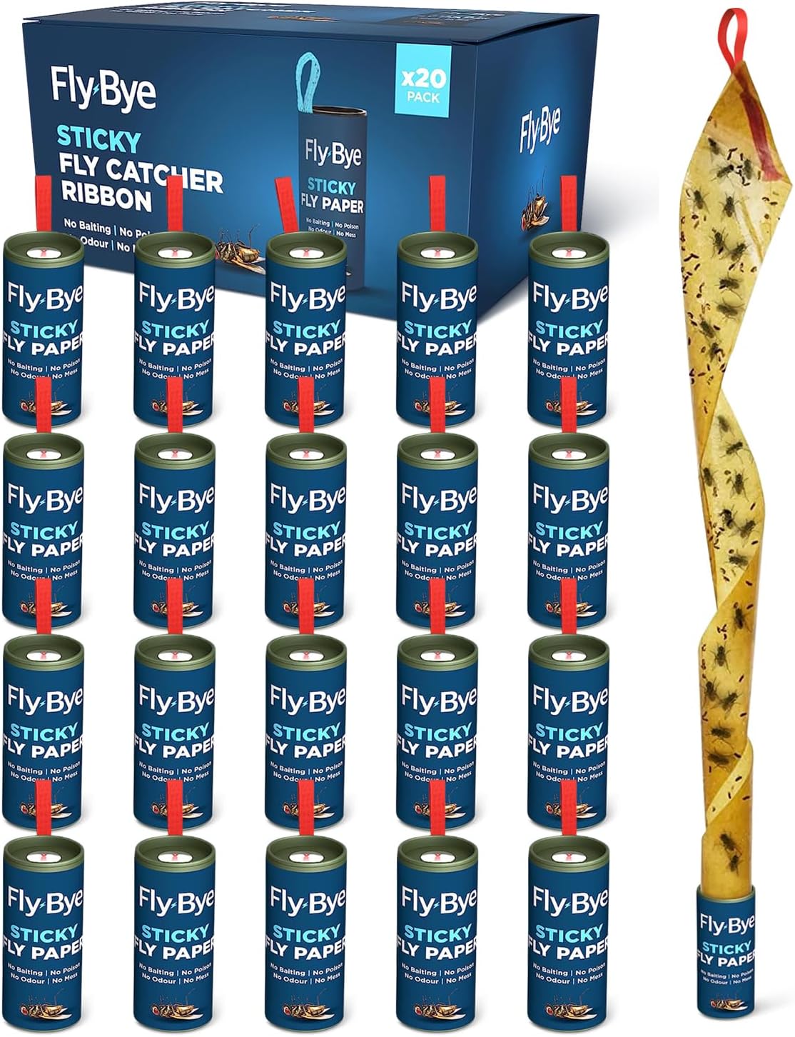 Fly-Bye Fly Catcher Paper (20 Pack) - Sticky Indoor Traps – Fruit Flies & House Fly Trap – No Odour, Poison-Free, Eco-Friendly