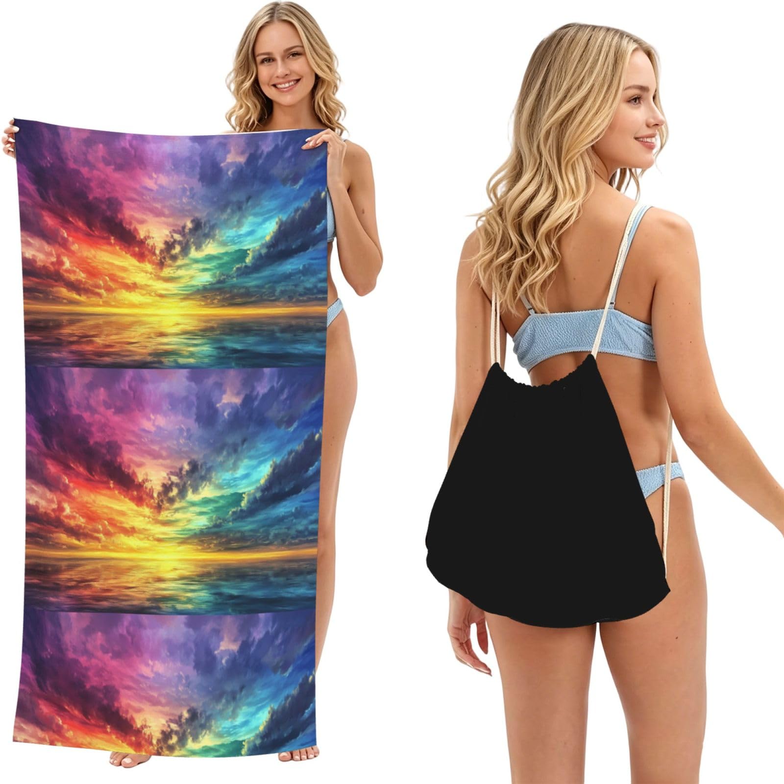 SKGOHLH Colorful sunset 2in1 Packable Beach Towel Bag Women