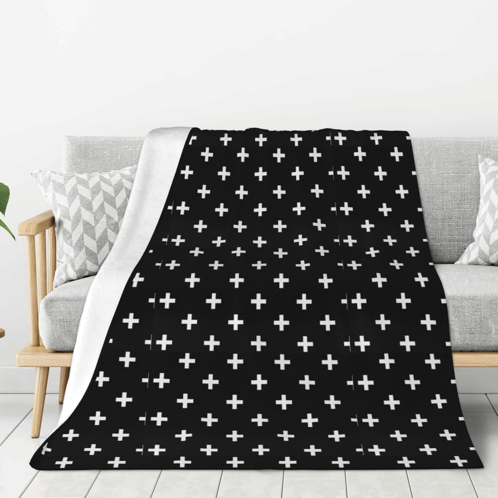 Schwarz Weiß Schweizerkreuz Schwarz,Decke, warme Flanell-Fleece-Plüsch-Überwurfdecke für Bettwäsche, Sofa und Reisen, 152,4 x 203,2 cm
