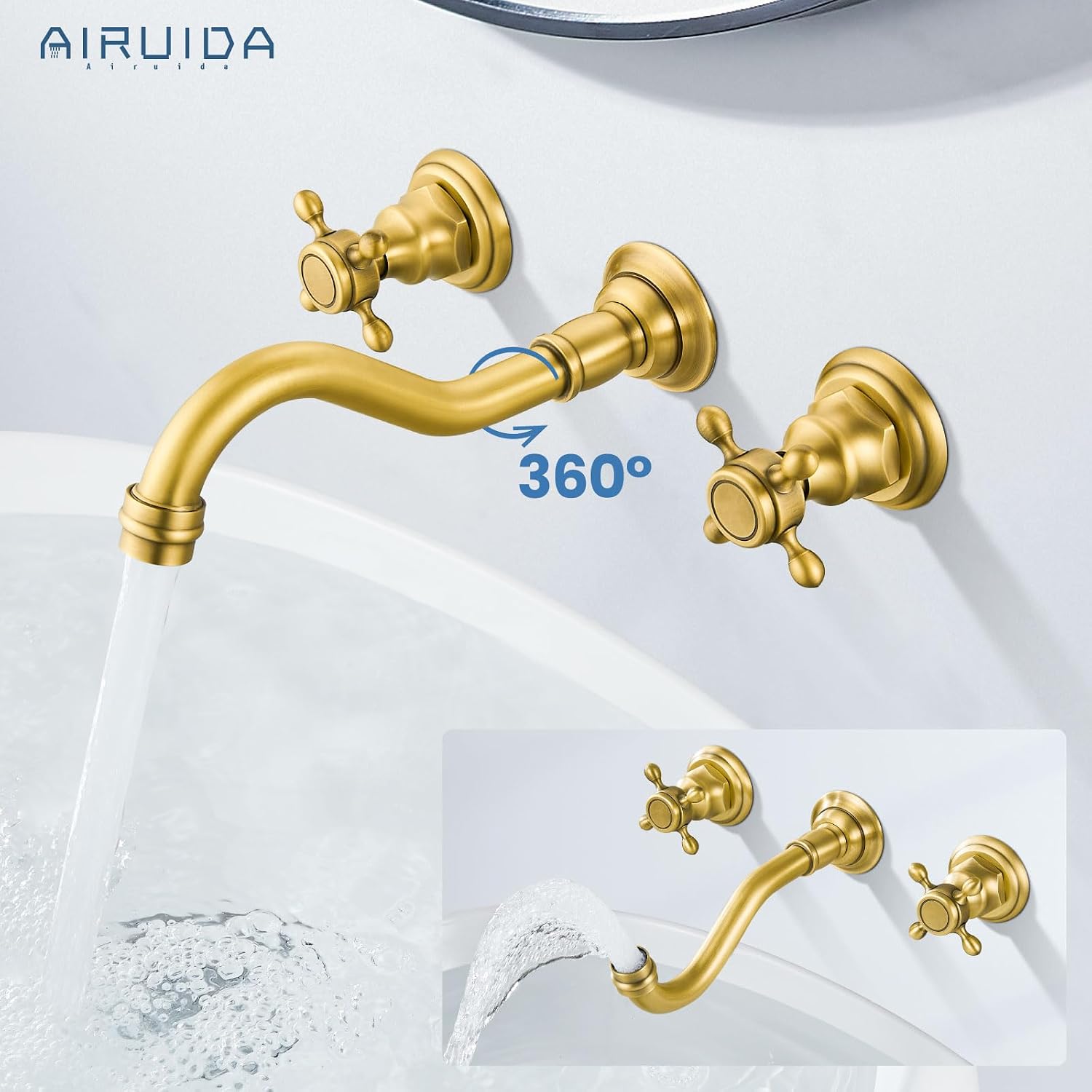 Airuida Wall Mount Bathroom Faucet Widespread Wall Mounted Bathroom Sink Faucet 360 Swivel Spout 2 Cross Knobs 3 Holes Lavatory Basin Sink Mixing Faucet with Brass Rough in Valve Antique Brass