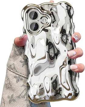 UEEBAI Ripple Case for iPhone 16 Plus, Cute Silver Cover Wave Shape for iPhone Case Pretty Aesthetic 3D Phone Cover, Water Ripple Shell 3D Chrome Design for Women and Girl, Silver