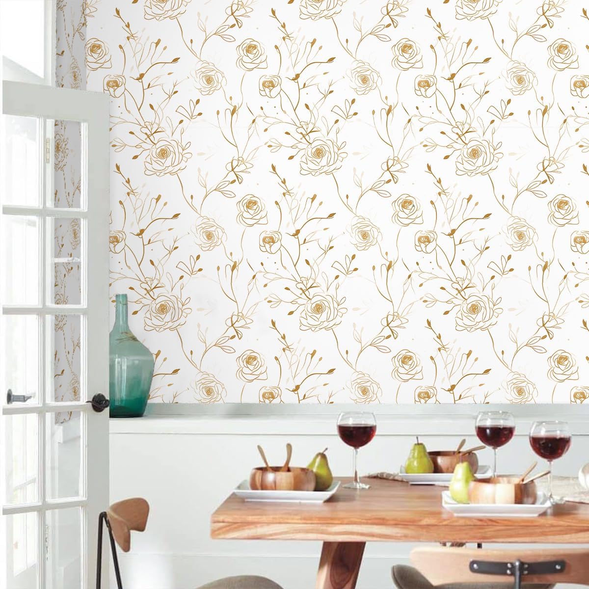 Modern Peel and Stick Wallpaper Floral Contact Paper 16.1inch x 196.8inch Gold and White Wallpaper Line Flower Self Adhesive Removable Contact Paper for Cabinets Vinyl