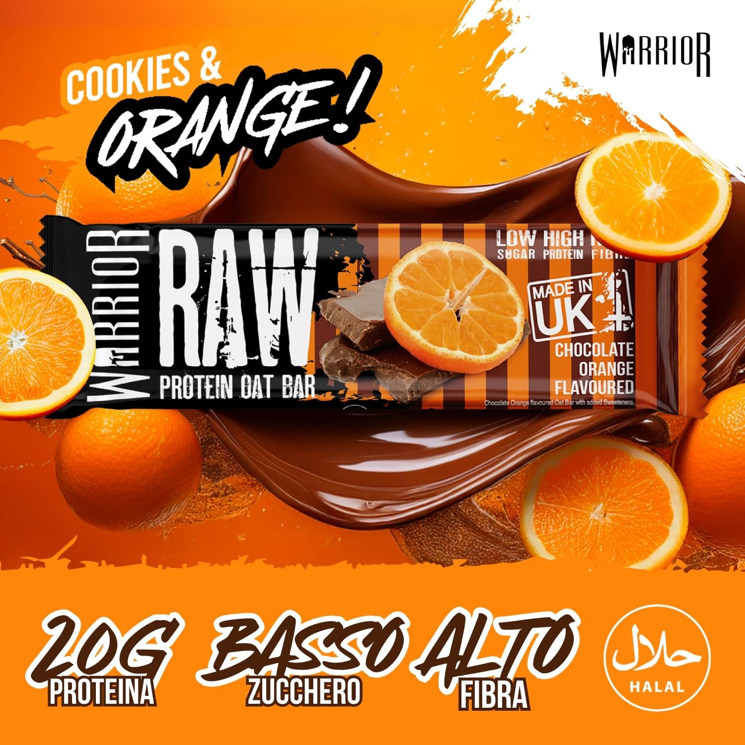 Warrior Raw Protein Flapjack – Barrette Proteiche ad Alto Contenuto di Fibre e Proteine, Basso Zucchero, Spuntino Energetico (Cioccolato e Arancia)