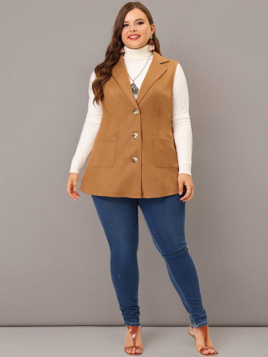 Agnes Orinda Plus Size Utility Vest for Women Lapel Sleeveless Lightweight Casual Suede Vests Jacket - Image 6