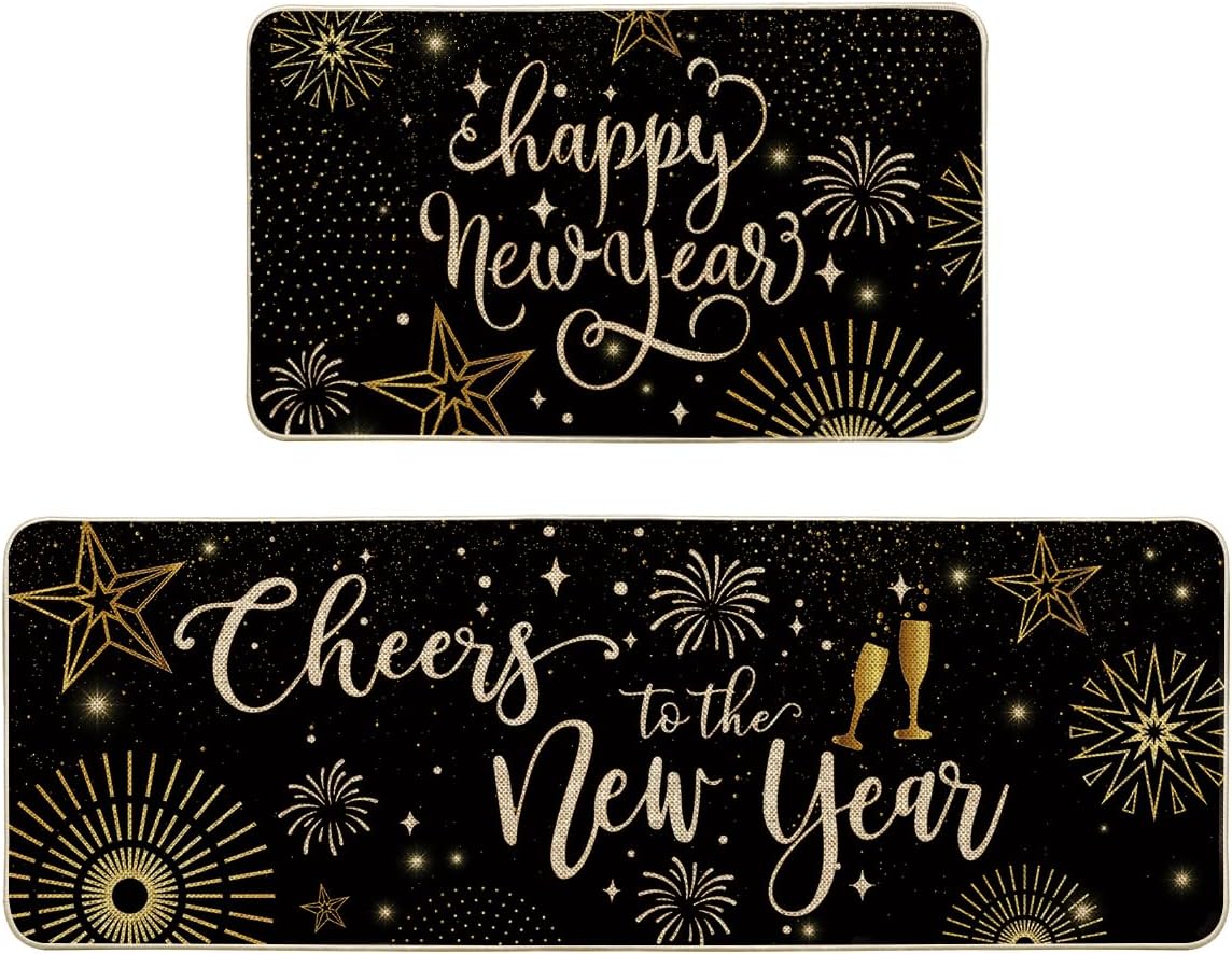 Artoid Mode Cheers Happy New Year Kitchen Mats Set of 2, Firework Home Decor Low-Profile Kitchen Rugs for Floor - 17x29 and 17x47 Inch