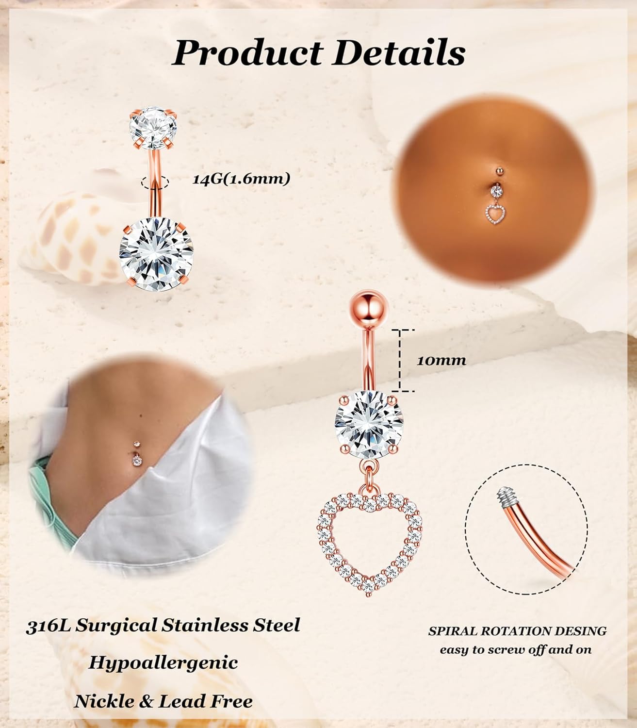 9Pcs 14G Belly Button Rings for Women Surgical Stainless Steel Belly Rings Cute Navel Rings Butterfly Evil Eye Heart Tassel Dangle Belly Button Ring Set Rose Gold Belly Button Piercing Jewelry - Image 4