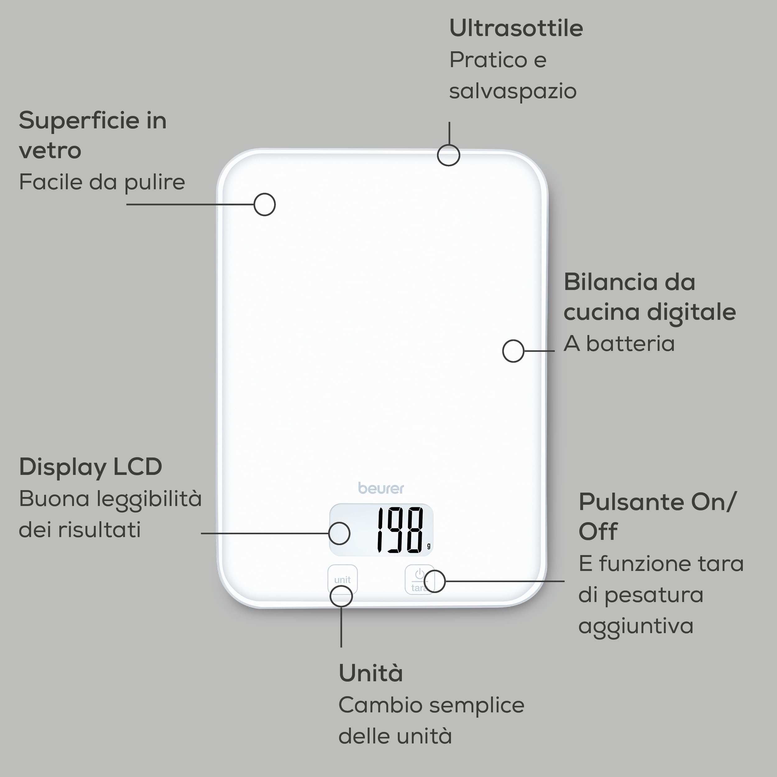 Beurer KS 19 Pure White bilancia da cucina digitale, capacità fino a 5 kg (suddivisione precisa al grammo), bilancia domestica con sensore touch, bilancia per alimenti incl. batterie, bianco