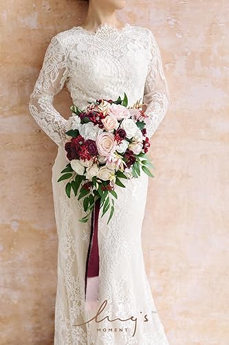 Miniatura 4 de Ling's Moment Burgundy Bridal Bouquet, 11 Inch Marsala Blush Wedding Bouquets for Bride, Silk Round Bridal Bouquets for Wedding, Ceremony,