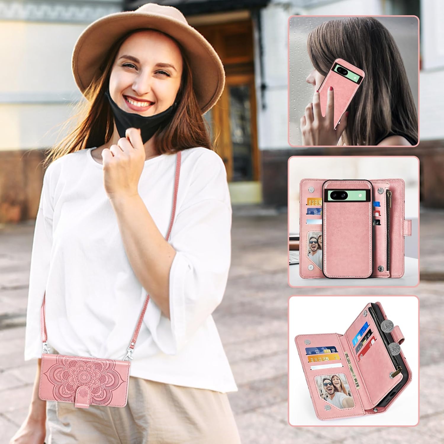 Asuwish Phone Case for Google Pixel 8A 5G Zipper Wallet Magnetic Detachable Cell Cover with Tempered Glass Screen Protector Crossbody Strap Mandala Flower Card Holder Pixel8A A8 Women Girls Rose Gold