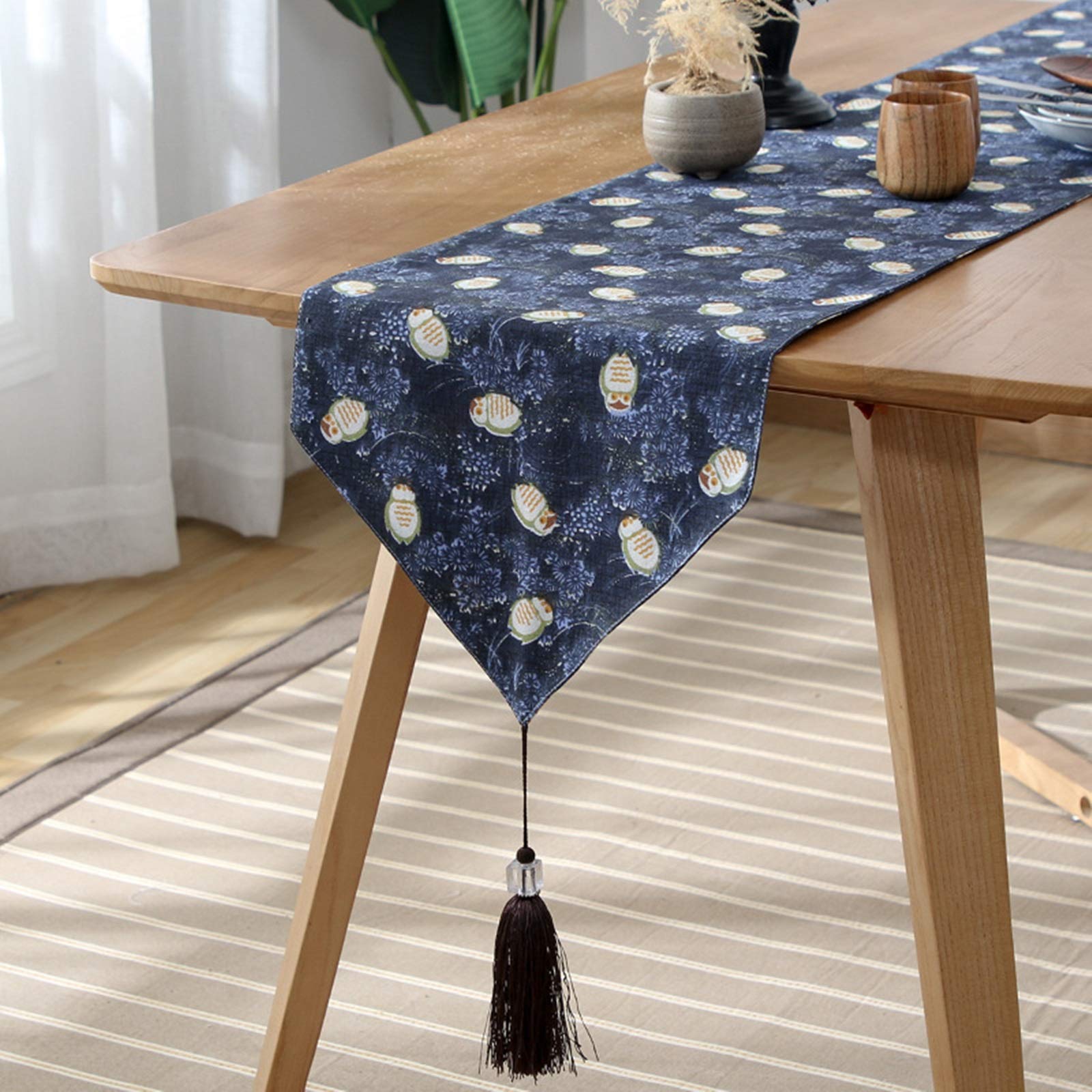 Eleganter Tischläufer Modern, Baumwolle Tischläufer Abwaschbar Wohnzimmer Tischläufer Weihnachten Vintage Blumen Eulen Marineblau 33x200CM