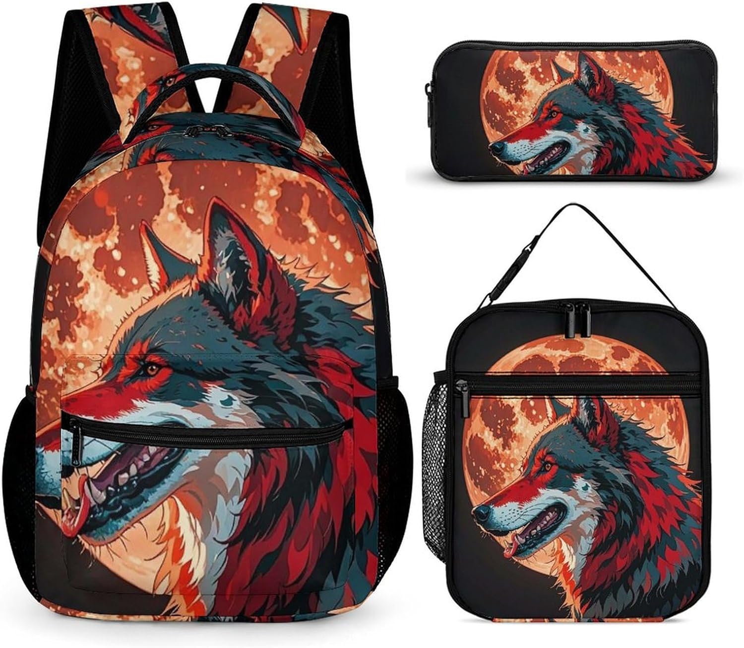 3-in-1 Backpack Set with Lunch Bag & Pencil Case, Red Moon Outdoor Wolf Backpack with Front Pocket, Insulated Lunch Tote, Large Capacity Pencil Pouch