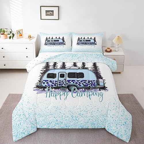 Miniatura 4 de Juego de edredón de tamaño individual para niños, decoración de habitación de niños, ropa de cama de coche de campamento feliz, edredón de plumón