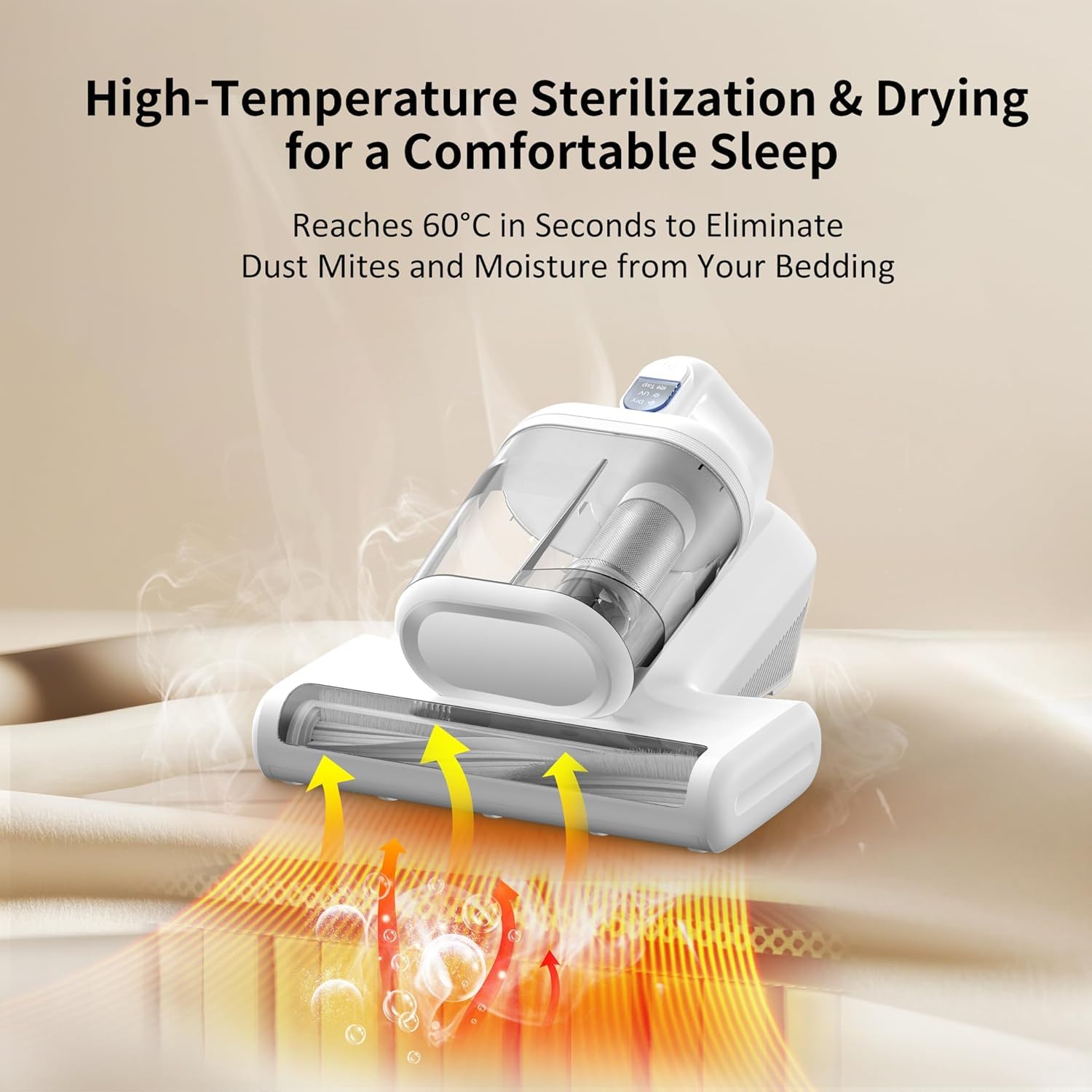 Battimaterasso Antiacaro Aspirapolvere per Materassi - 15KPa Aspira Pulisci Materasso Potente con Sterilizzazione UV e Riscaldamento 60°C, Battitappeto con Filo 5M per Divano, Tessuti e Letti
