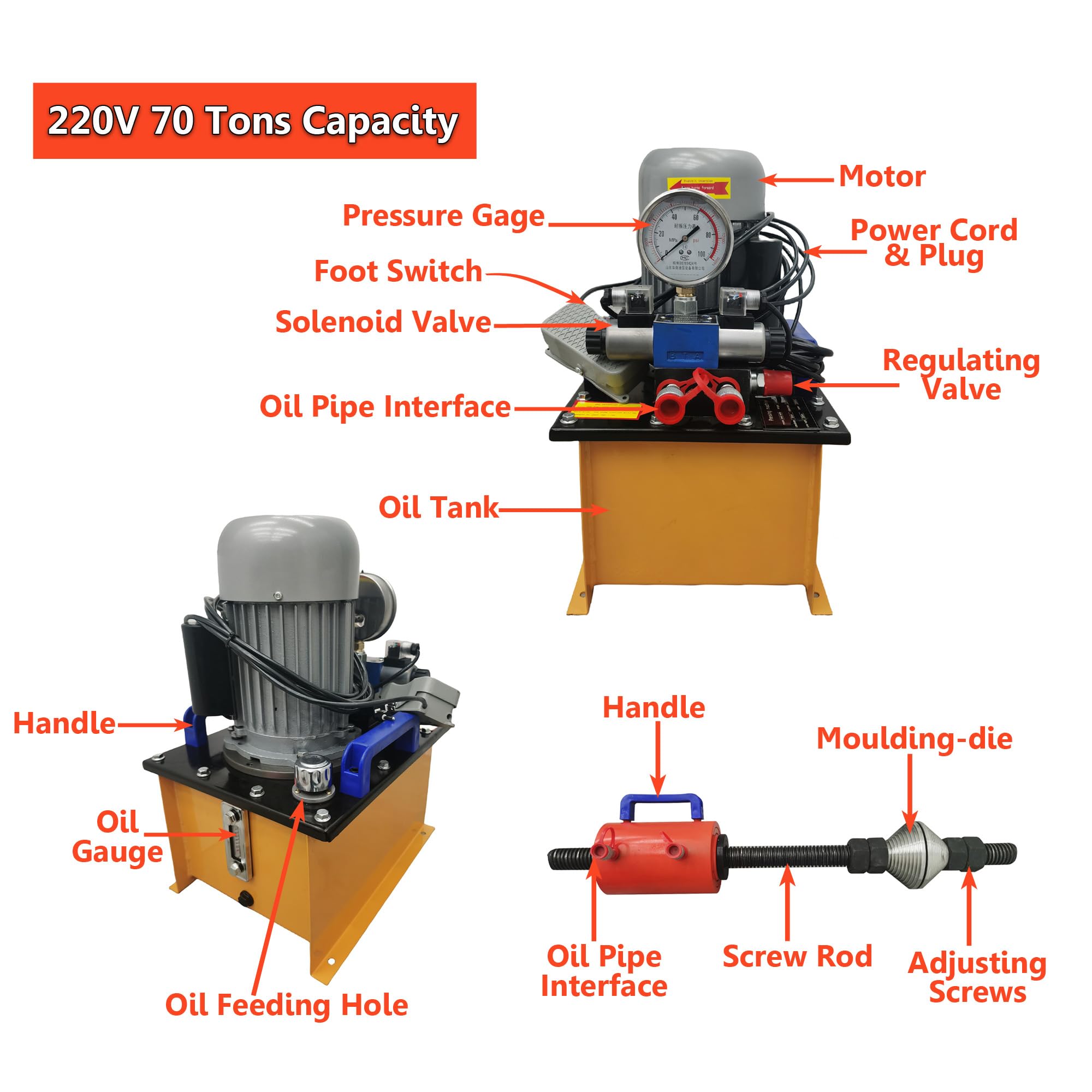 INTSUPERMAI 220V 70 Tons Track Pin Disassembly Machine 1500W Excavator Pressing Chain Press Machine Hydraulic Crawler Pin Pressing Machine Max 120mm/4.72in Pressure Sleeve