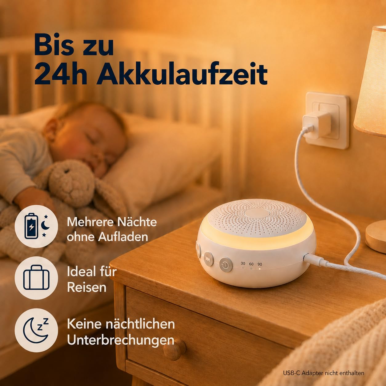 Baby White Noise Soundmaschine mit Nachtlicht - Tragbare Einschlafhilfe für Babys & Kinder, 16 beruhigende Geräusche, weißes Rauschen, Timer- & Memory-Funktion, bis zu 24h Akku, wiederaufladbar