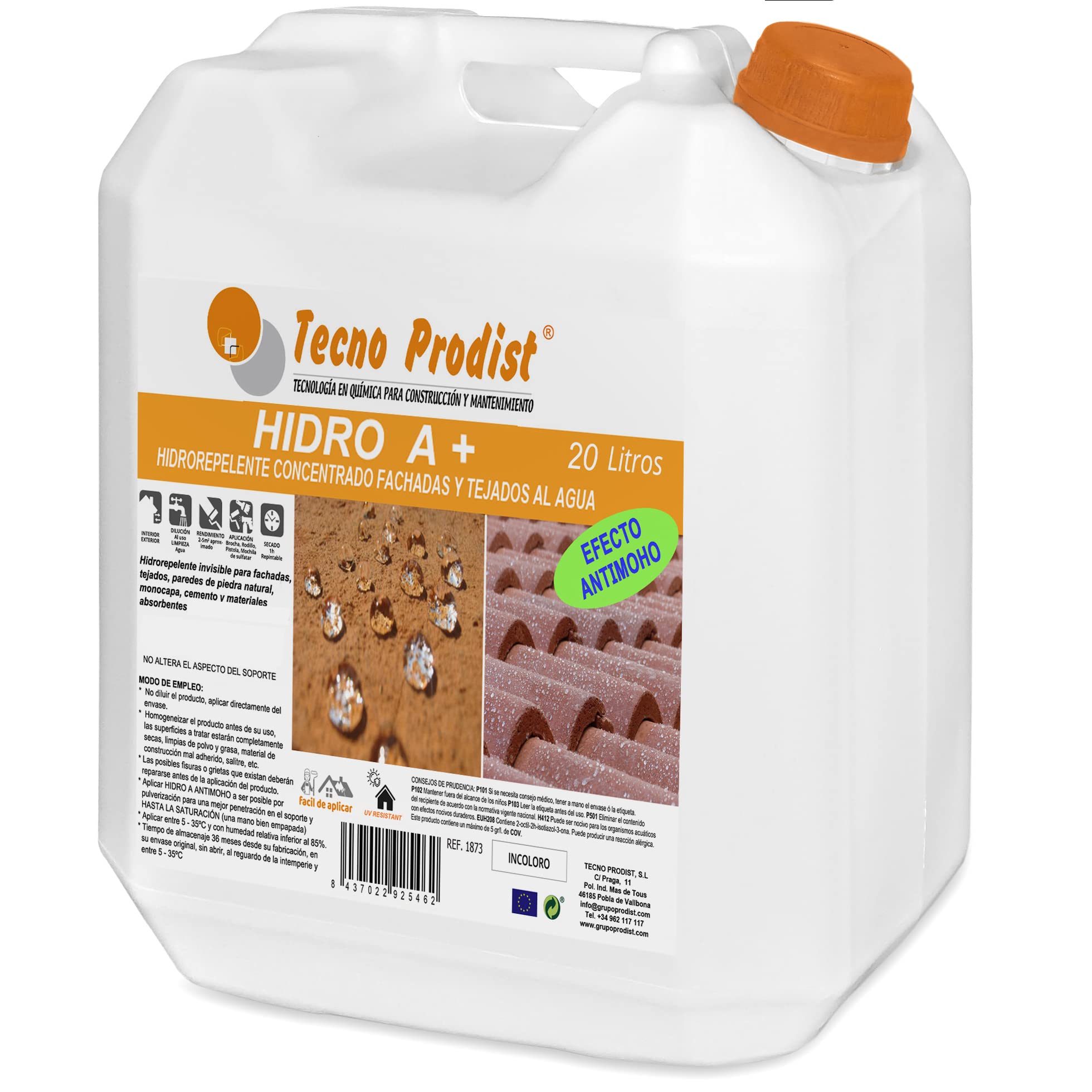 Tecno Prodist HIDRO A + (20 Litros) Impermeabilizante -Hidrorepelente, hidrofugante, no altera el aspecto, terrazas, fachadas, cubiertas, teja, hormigón, piedra