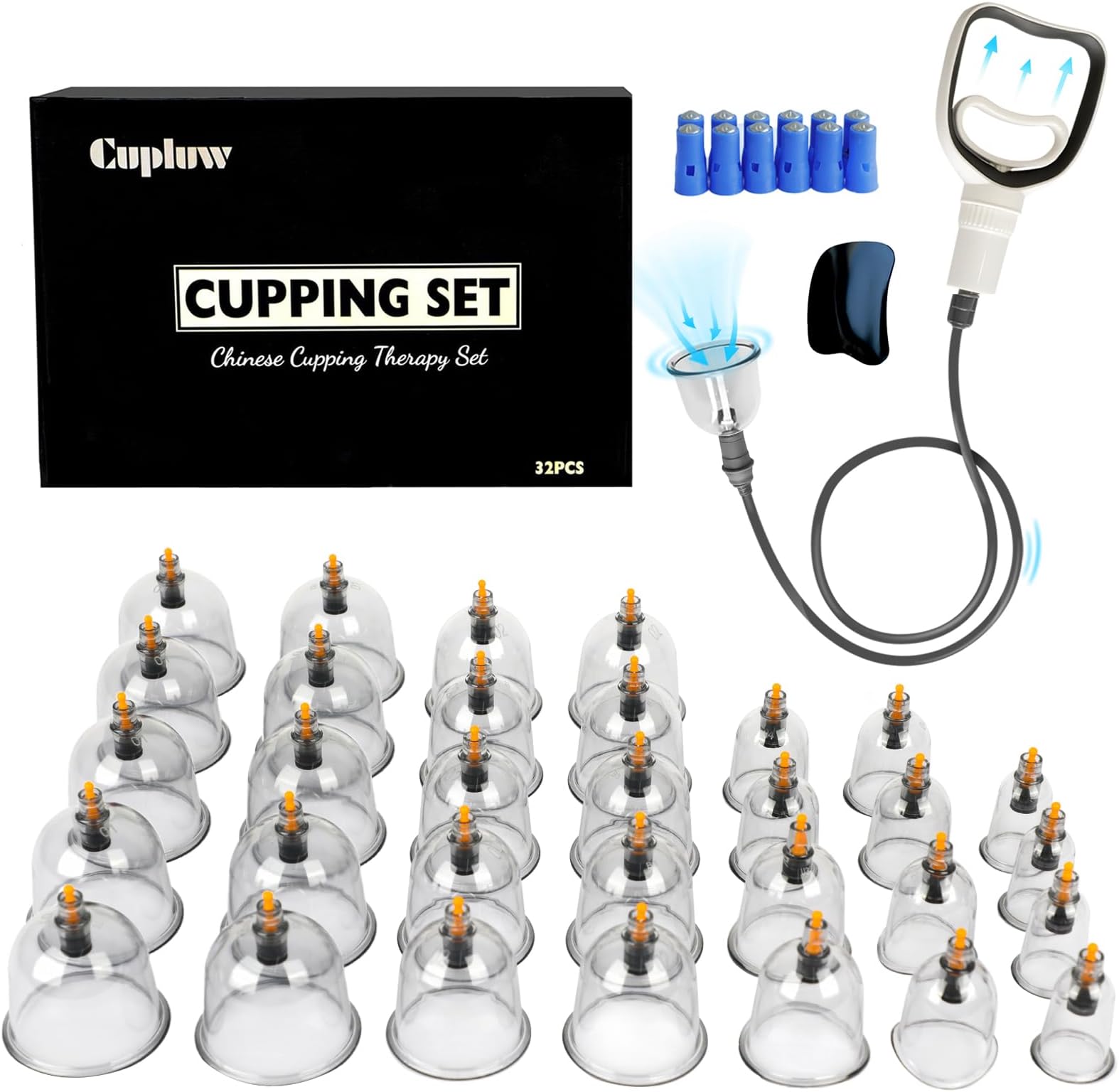 Cupluw Cupping Kit for Massage Therapy - 32 Cups Professional Chinese Cupping Set with Magnetics, Vacuum Cupping Therapy Set for Cellulite Reduction Muscle Pain Relief with Manual Pump