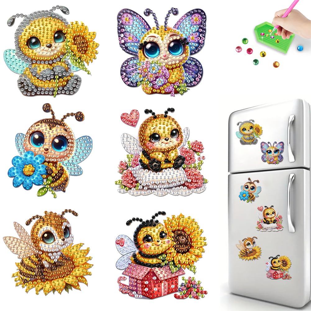 Bk019 6Pcs Bee Diy Diamond Painting Refrigerator Magnet Kit Mini Diamond Refrigerator Stickers Art Magnet Fridge Stickers Easy Diy Crafts For Adults Beginners