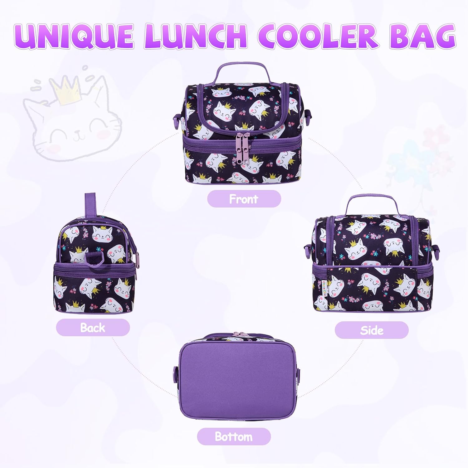Lunch Bag for Girls,ChaseChic Insulated Lightweight Lunch Boxes for Kids Boys Dual Compartment Lunch Organizer Leak-Proof Cooler Bag with Detachable Adjustable Shoulder Strap,Purple Cats - Image 7