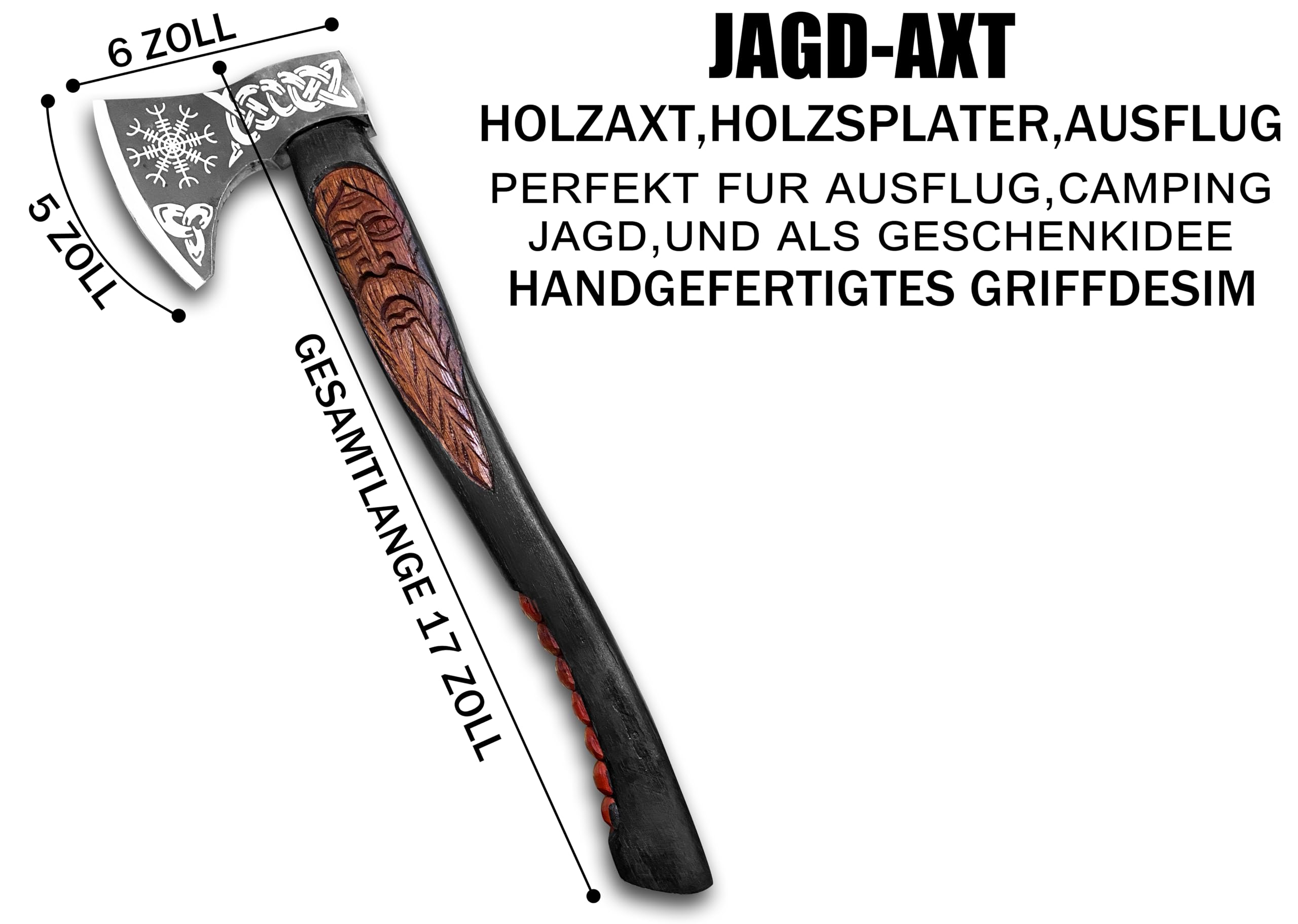 Novahaven Ragnarök - Hacha forjada a mano para exteriores de 22 pulgadas – Regalo y coleccionable de acero al carbono con mango de madera de fresno tallada, diseño de lobo y dragón, funda de piel para
