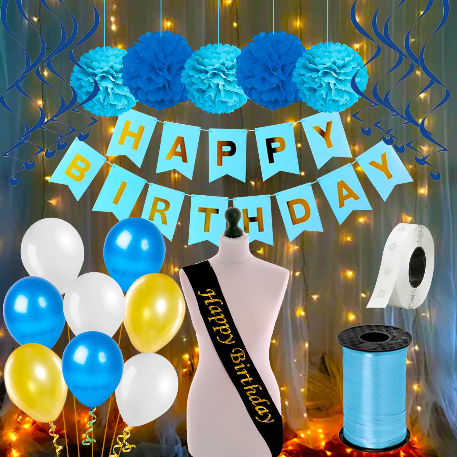 Party Propz Blue Birthday Decoration kit Combo Items - 48Pcs Set With Happy Bday Sash, Pom pom, Metallic Balloons, Birthday Paper Banner, Ribbon with Fairy Light For Kids, Girls, Woman