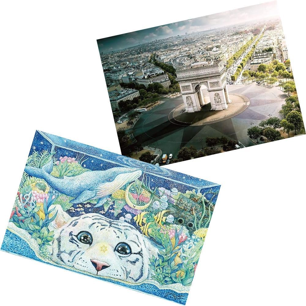 Pintoo - Two Plastic Jigsaw Puzzles Bundle - 1200 Piece - HenryDo - Aerial Photography - Arc De Triomphe, Paris and 600 Piece - Cotton Lion - White Tiger's Aquarium World [H3030+H2394]