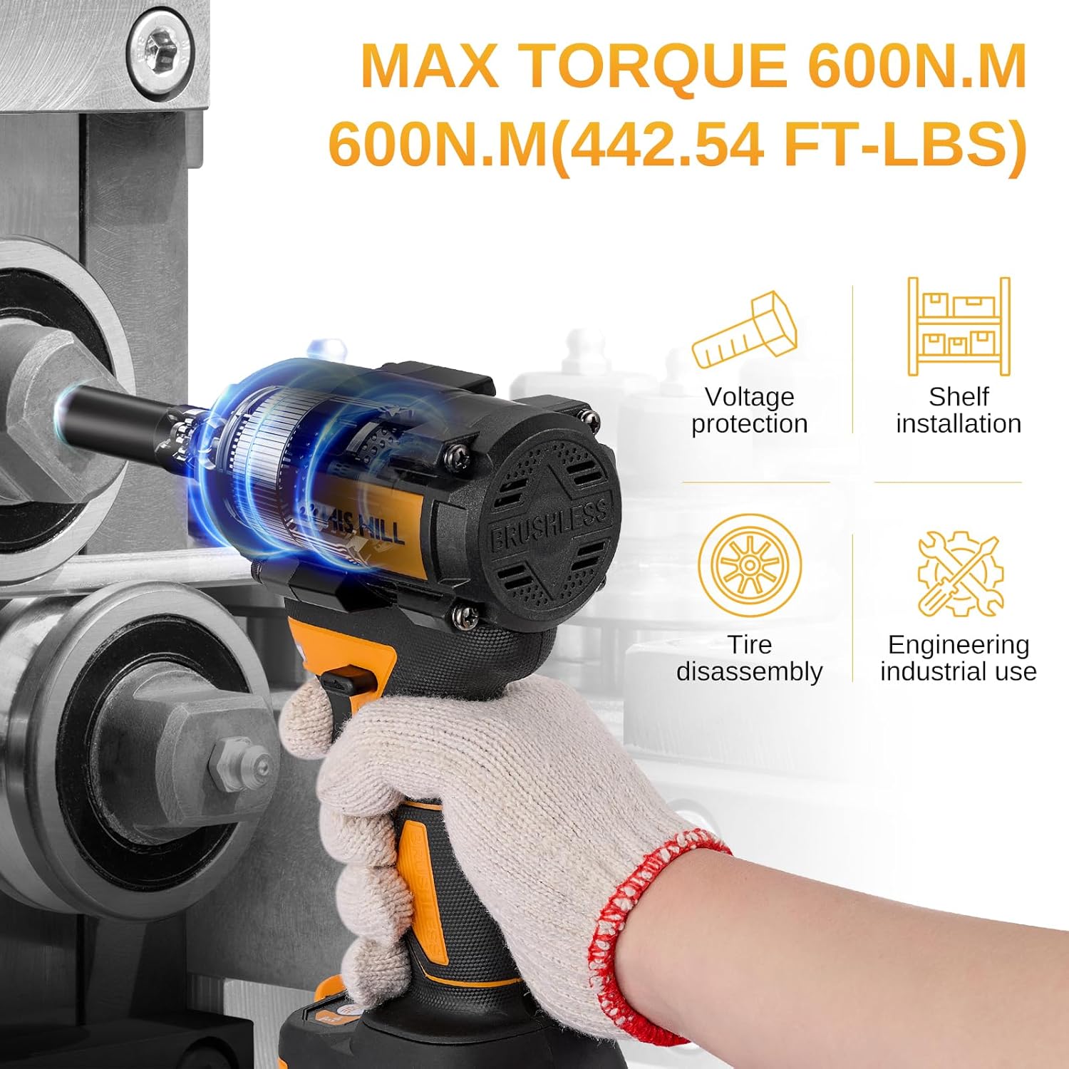 This Hill 45PCS Brushless Impact Wrench,600Nm(443Ft-lbs),w/Two 4.0Ah Battery,1/2 Inch Cordless lmpact Driver Set,17 Sockets,High Torque Power Impact Gun for Car Home