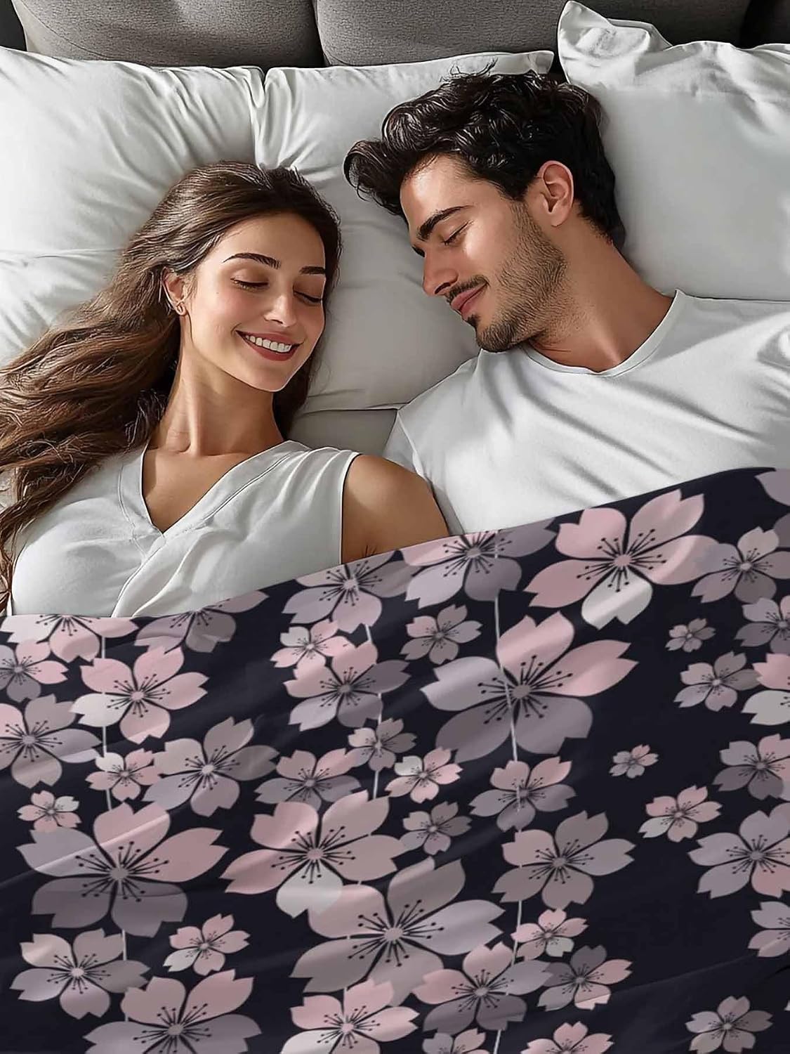 Top Sheet Full Bedding Flat Sheet Only, Spring Pink Cherry Blossoms Flower Microfiber Bed Sheets Soft Breathable Bedding Flat Sheets, Blossom Floral on Black Hotel Luxury Top Sheets